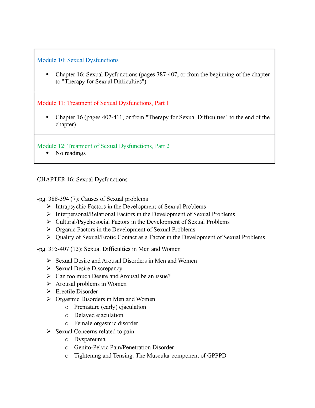 Chapter 16 Notes Module 10 Sexual Dysfunctions Chapter 16 Sexual