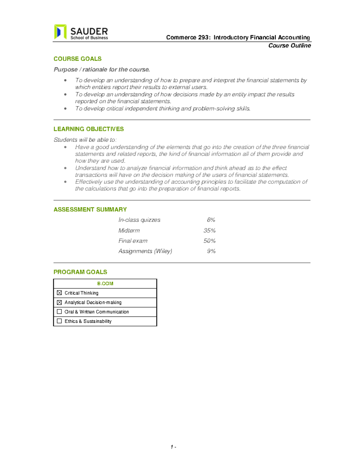 Outline Fall 2016 - Ouline - Commerce 293: Introductory Financial ...