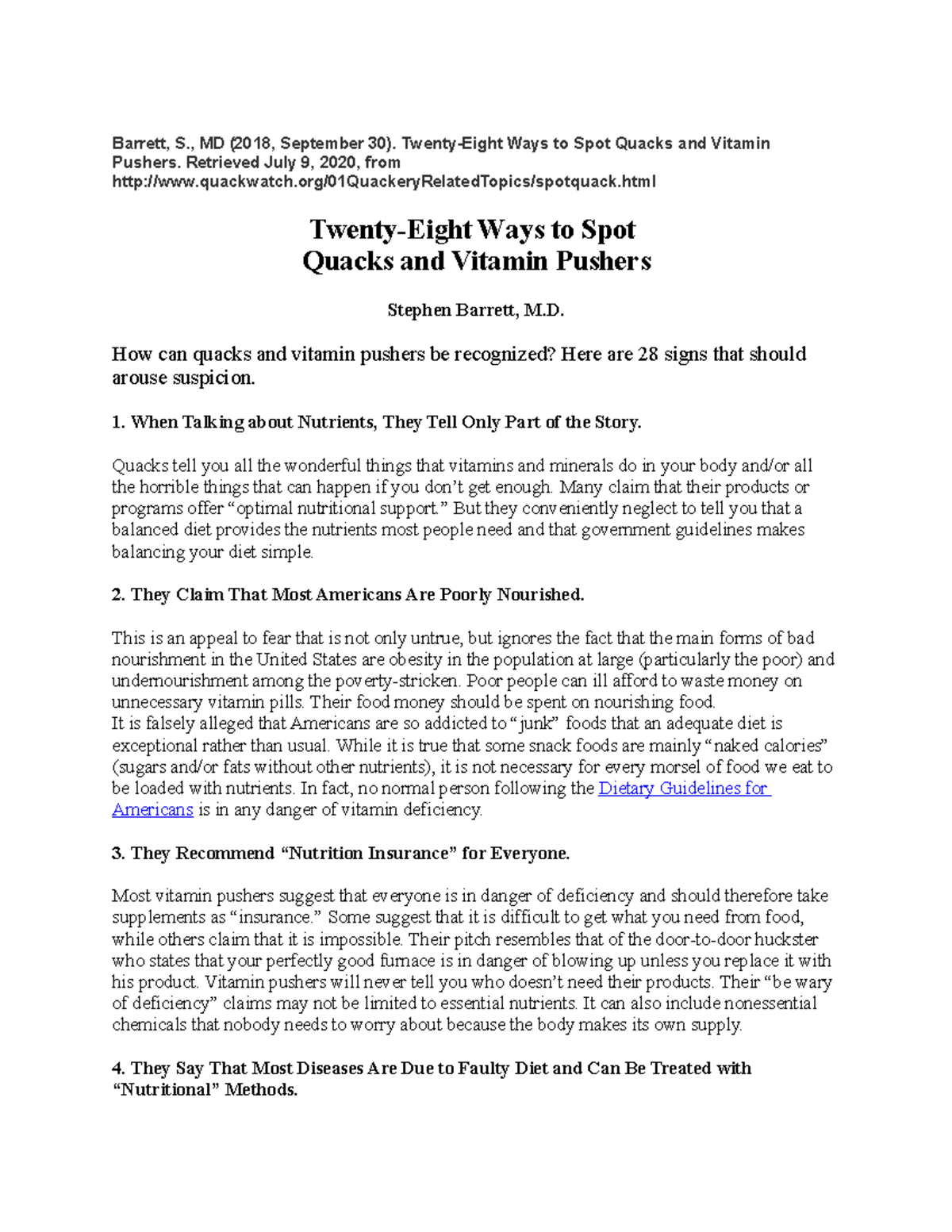28 Signs of Quackery 2020 Barrett, S., MD (2018, September 30