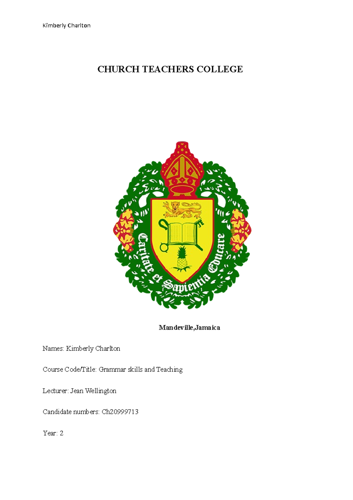 Teaching grammar skills coursework Kimberly Charlton CHURCH TEACHERS