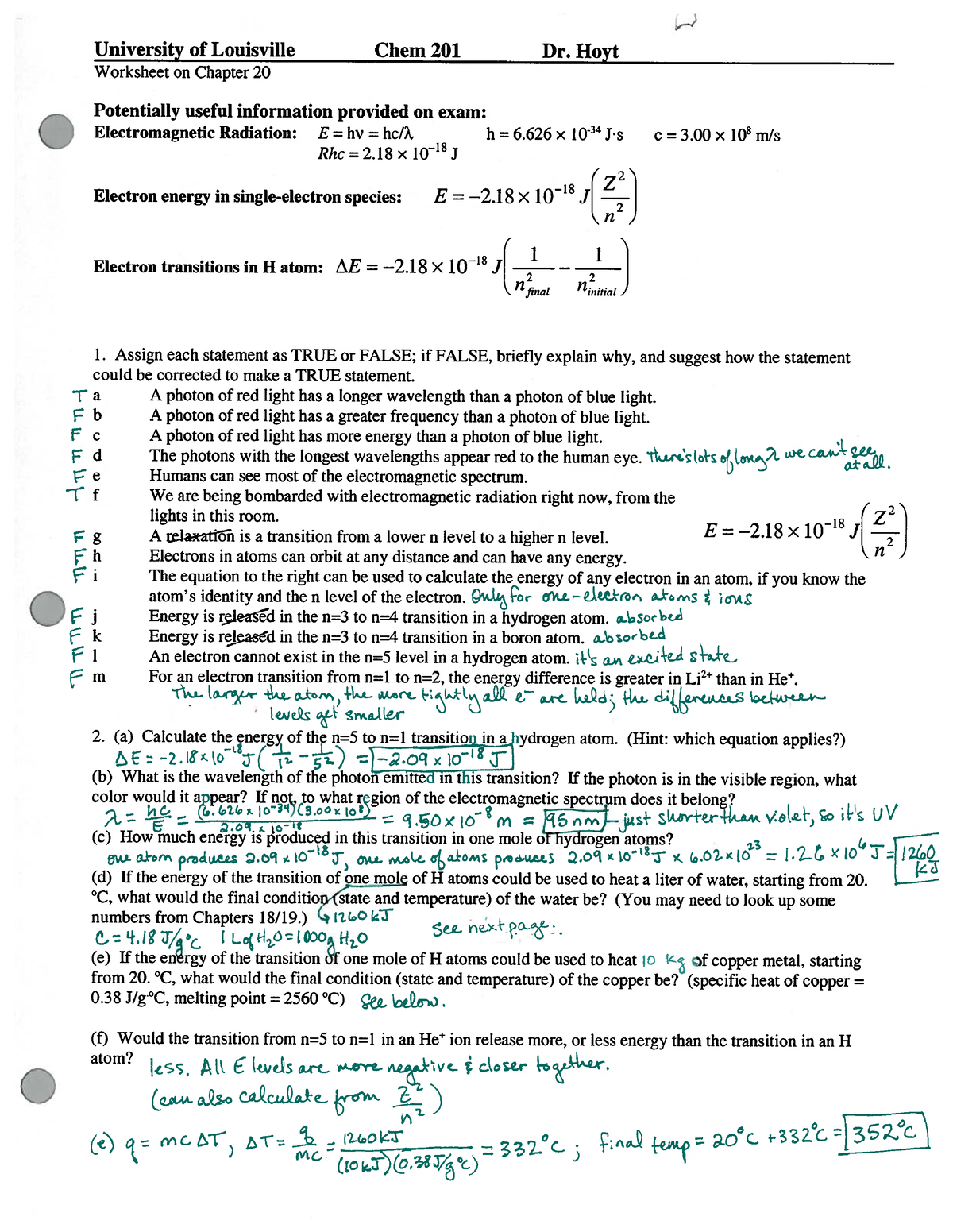 Chapter 20 Worksheet - Chem 201 - Studocu