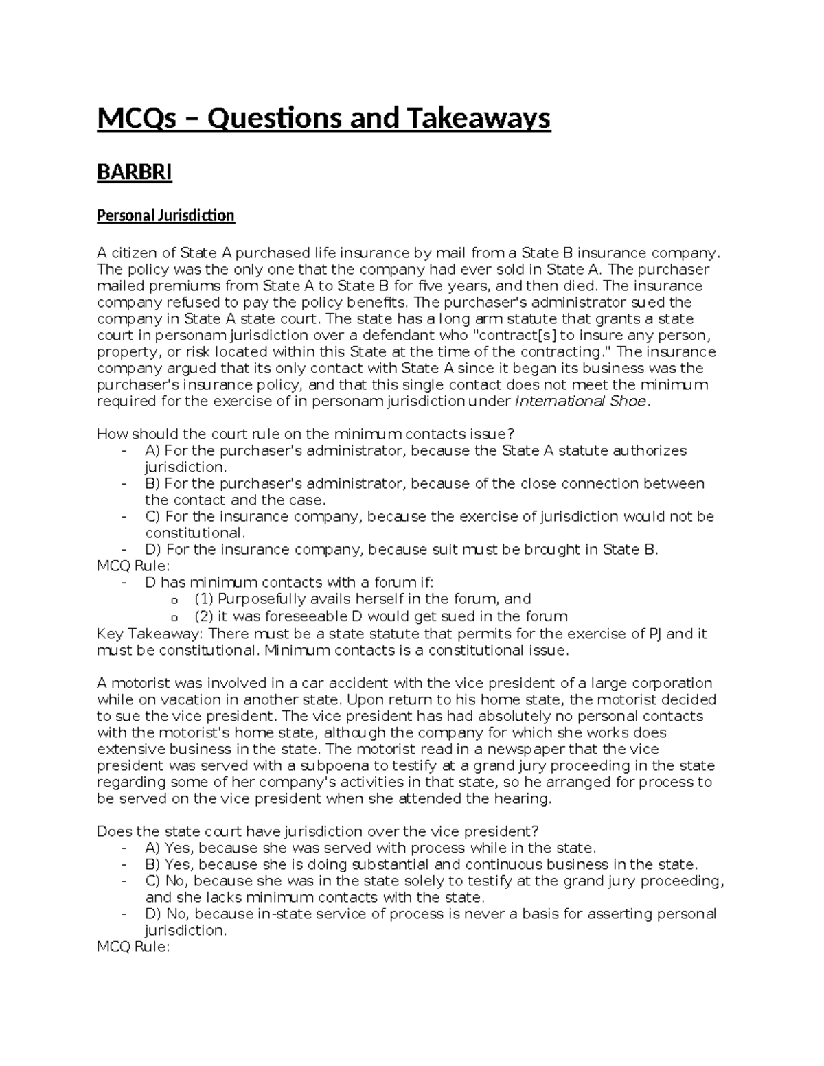 MCQ document for CIV PRO MCQs Questions and Takeaways BARBRI
