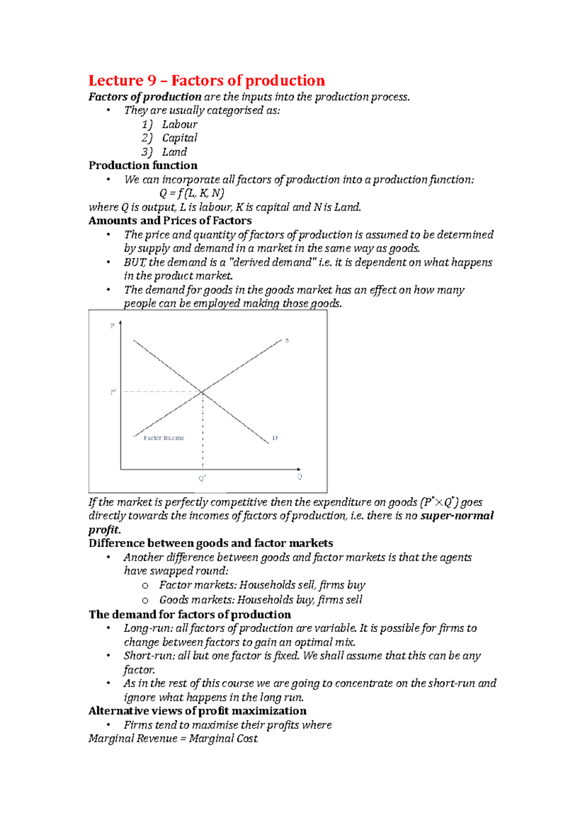 Economic lecture notes - Lecture 9 – Factors of production Factors of ...