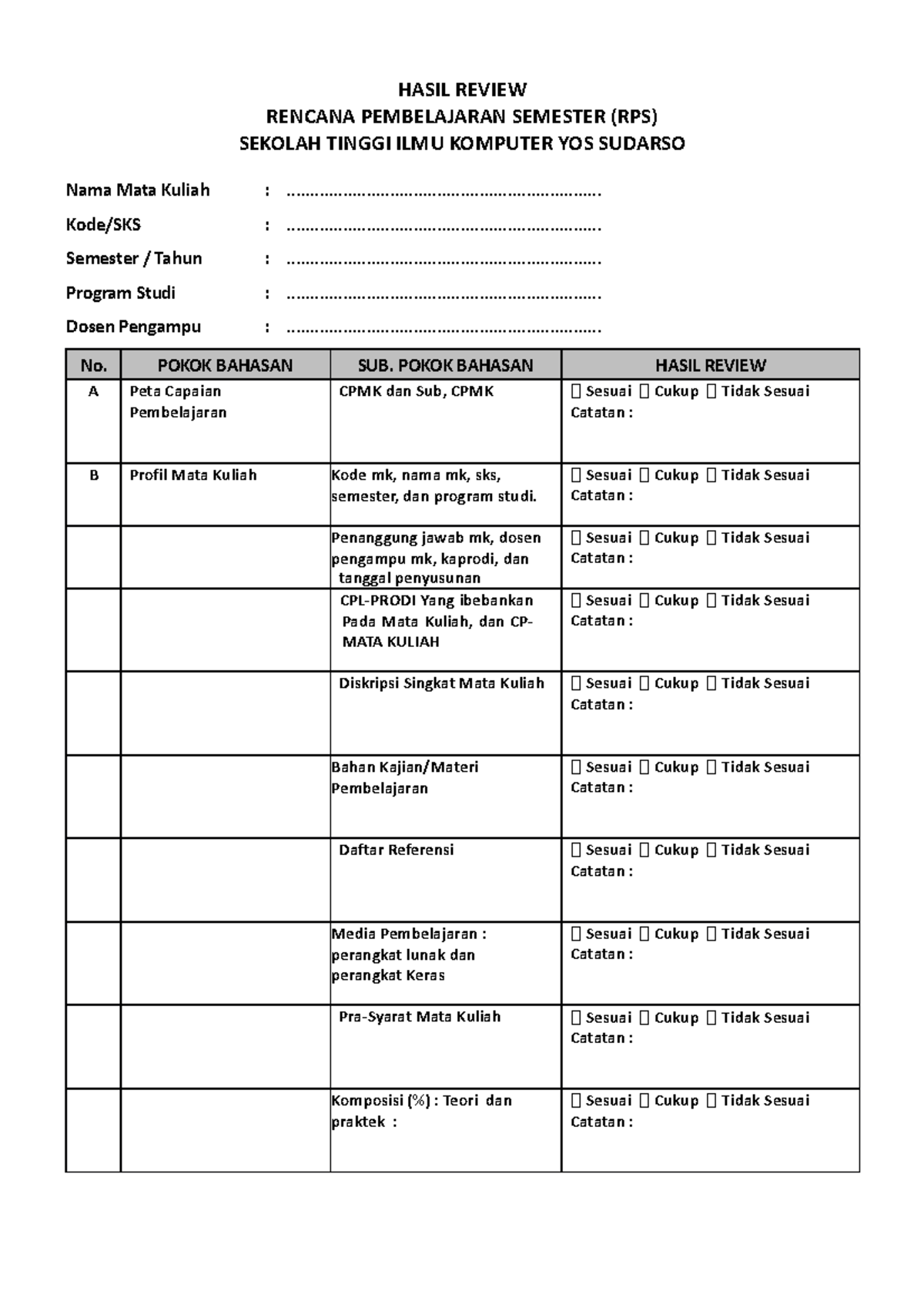 12-Instrumen Review RPS - HASIL REVIEW RENCANA PEMBELAJARAN SEMESTER ...