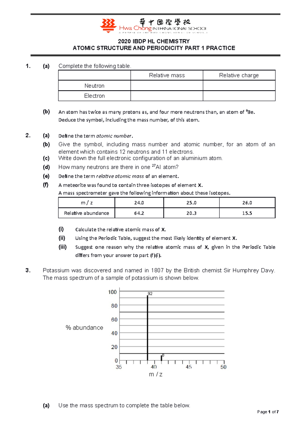 2020 IBDP HL Atomic Structure And Periodicity Part 1 Practice Student ...