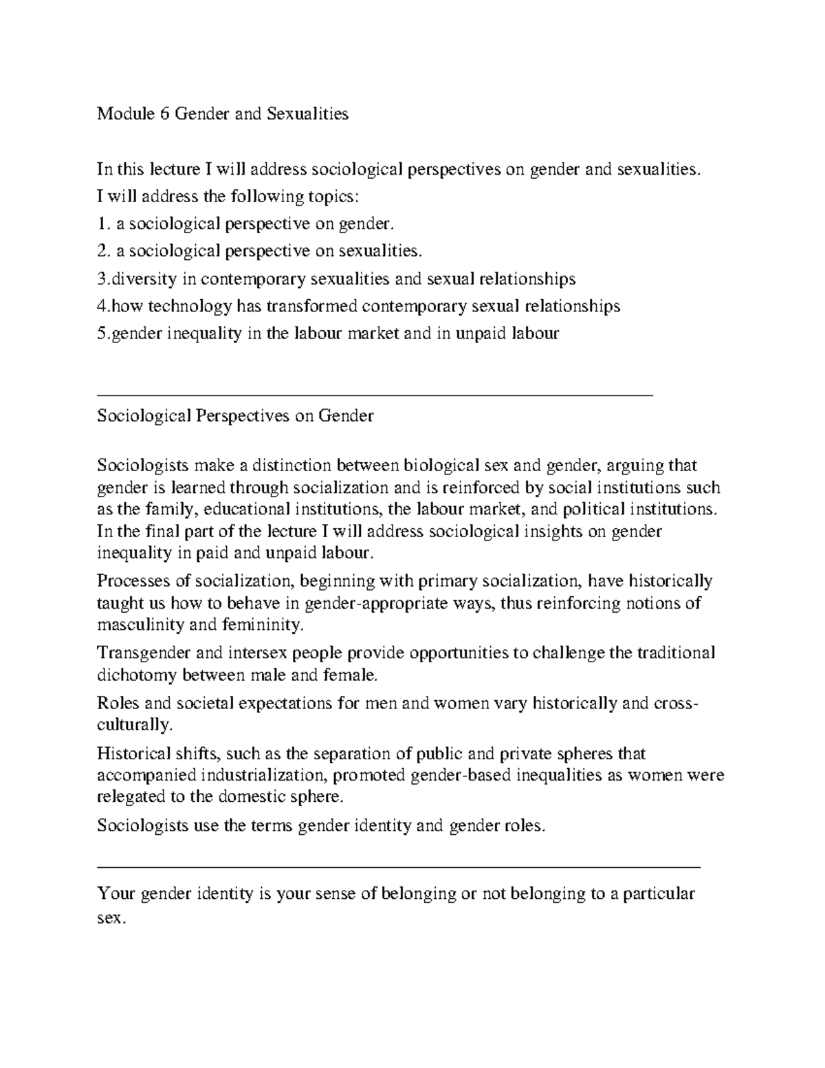 Lecture 6 Detailed Notes - Module 6 Gender And Sexualities In This ...