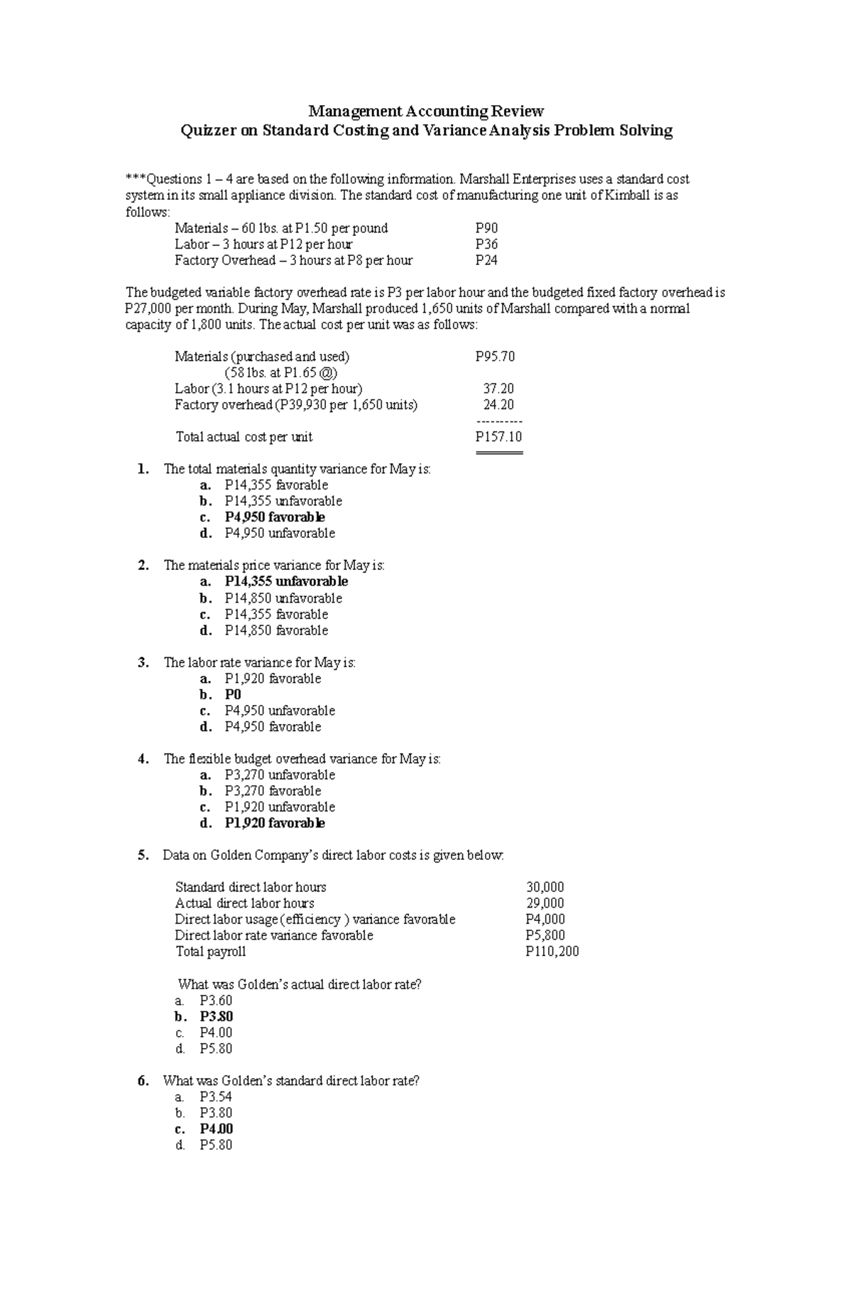 Management Accounting Sample Problems- Standard Costing - Management ...