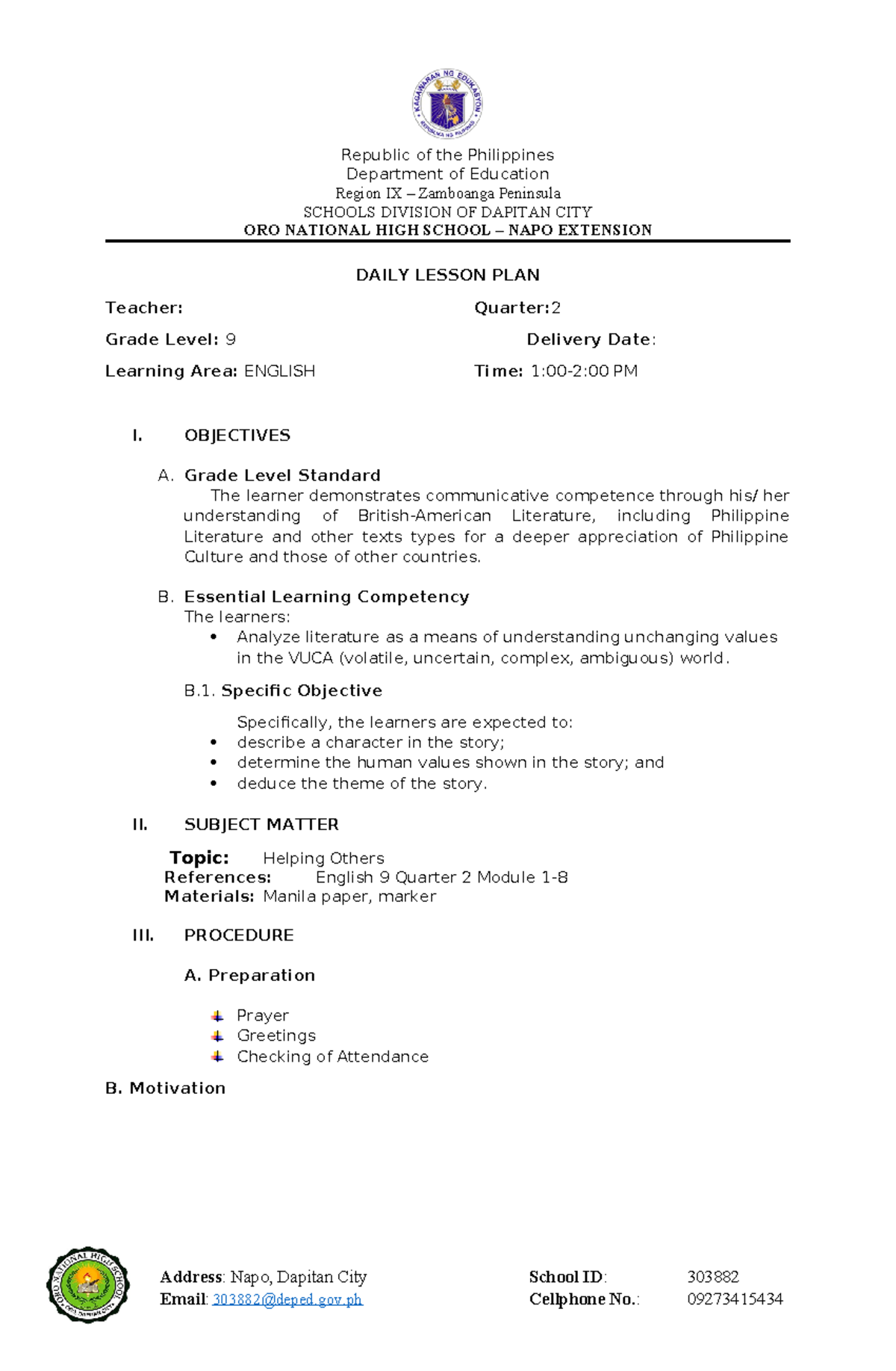 G9 Q2 Helping Others - Lesson Plan in Junior High School English ...