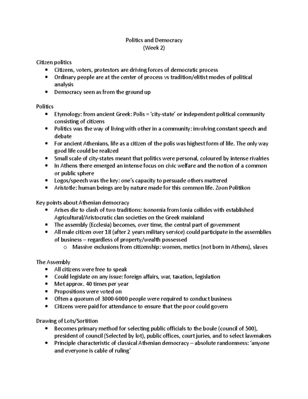POL 121 - summary of notes - Politics and Democracy (Week 2) Citizen ...