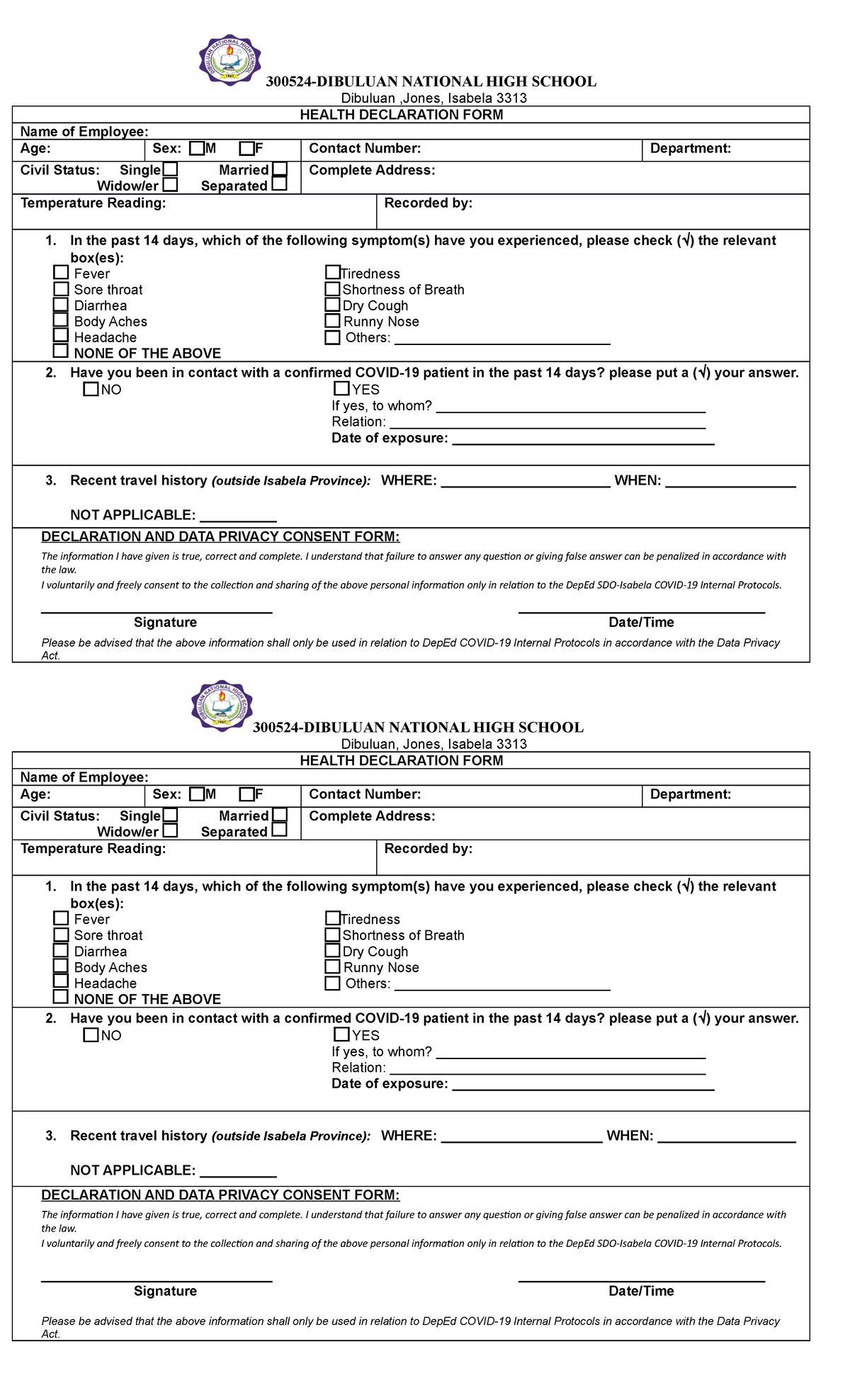 Health DeclarationFORM when 300524DIBULUAN NATIONAL HIGH SCHOOL