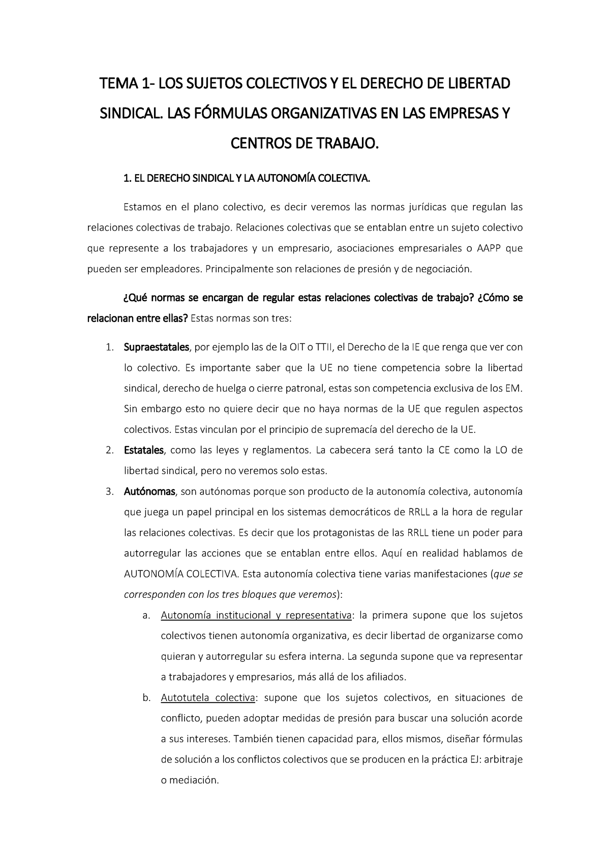 TEMA 1 Derecho Sindical - TEMA 1- LOS SUJETOS COLECTIVOS Y EL DERECHO ...