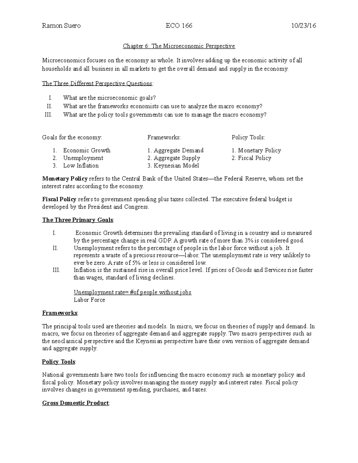 ECO 166 Chapter 6 Notes - Ramon Suero ECO 166 10/23/ Chapter 6: The ...