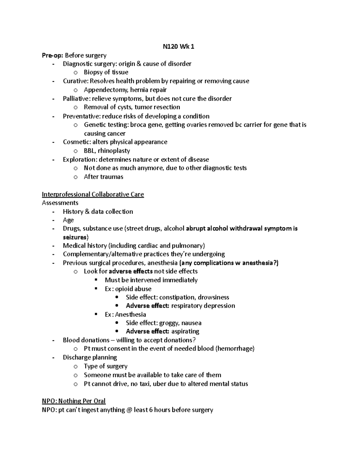 N120 Wk 1 Perioperative Care - N120 Wk 1 Pre-op: Before surgery ...