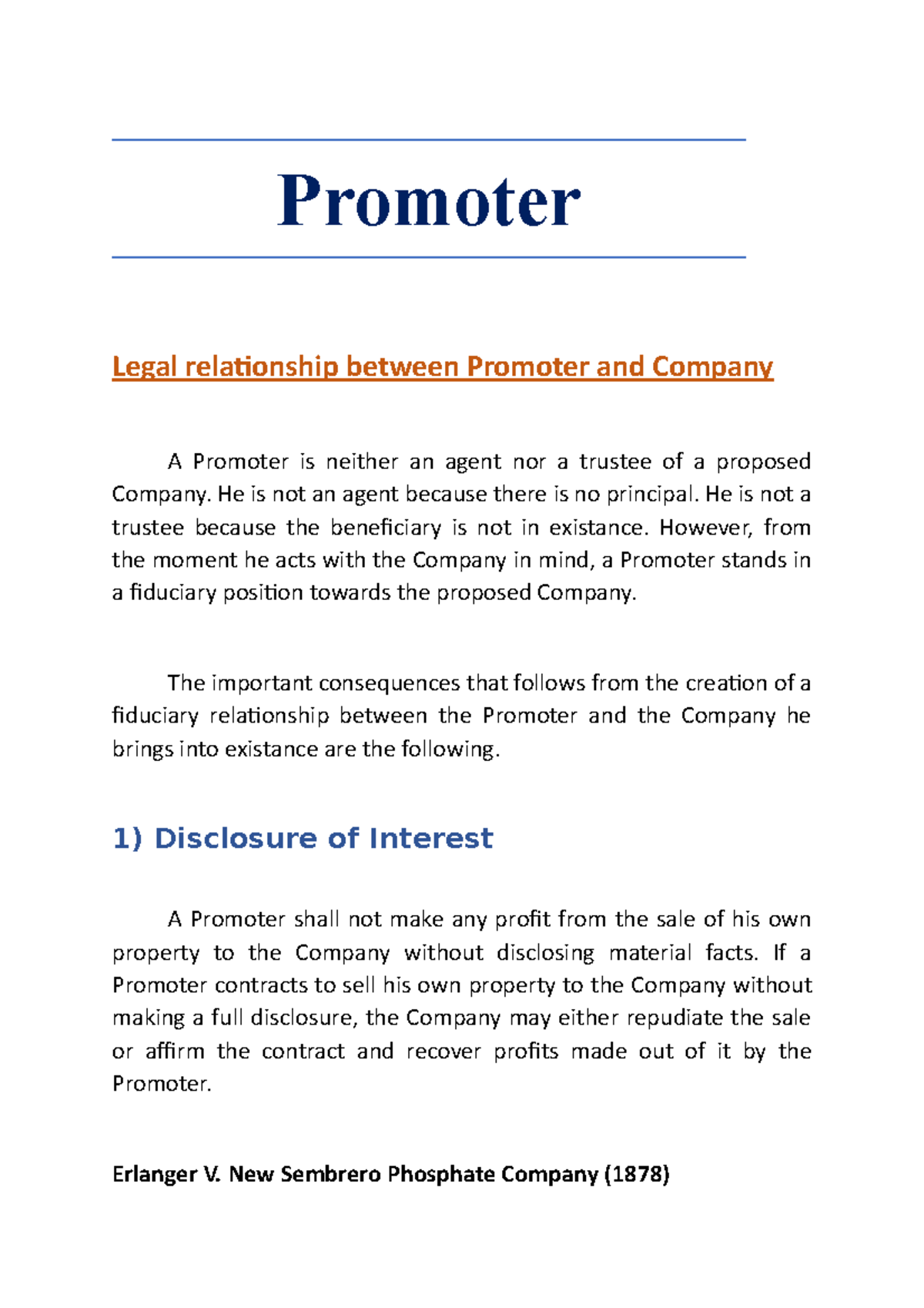 Legal relationship between Promoter and Company Promoter Legal