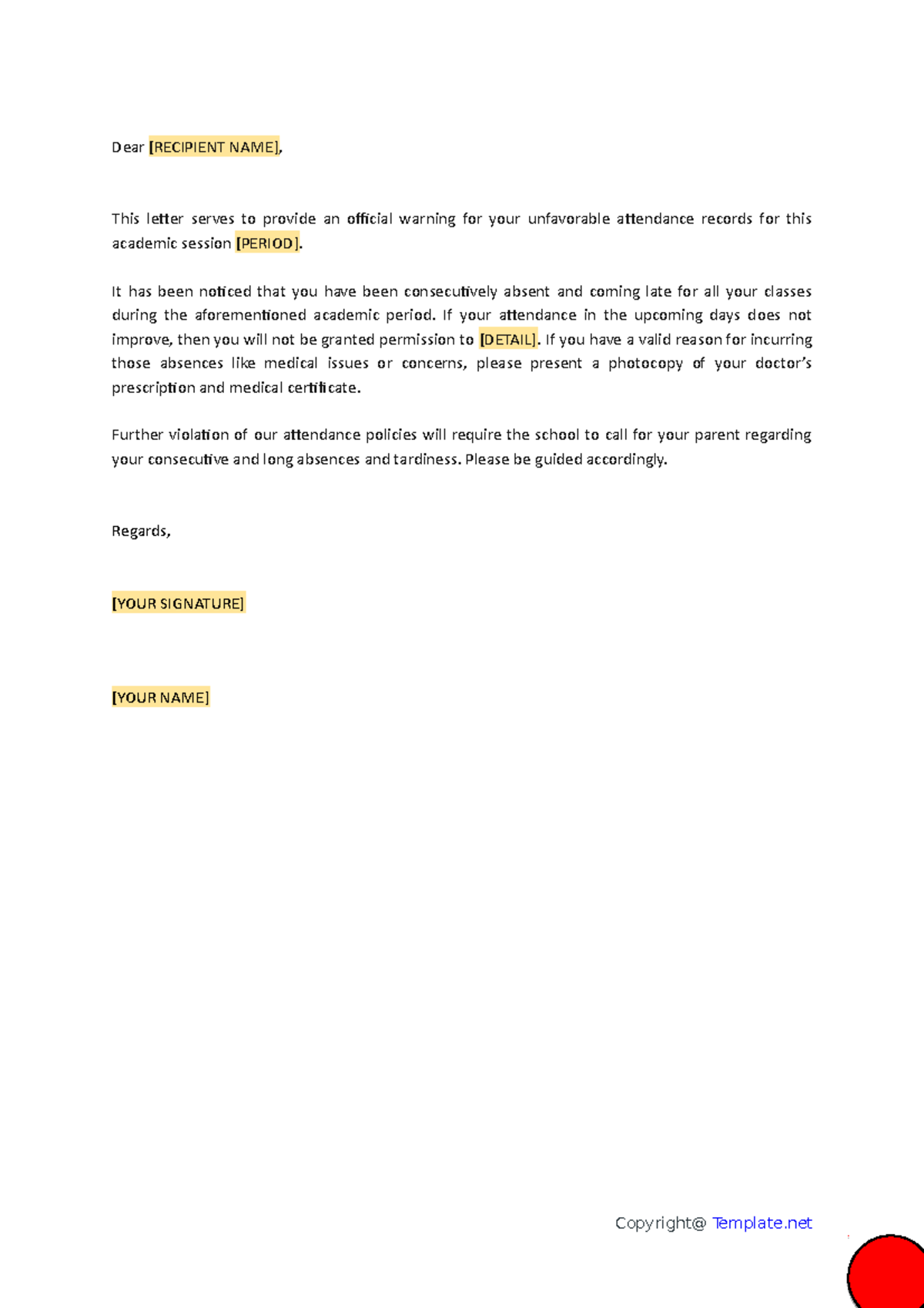 Free Attendance Warning Letter For Students - Dear [RECIPIENT NAME ...