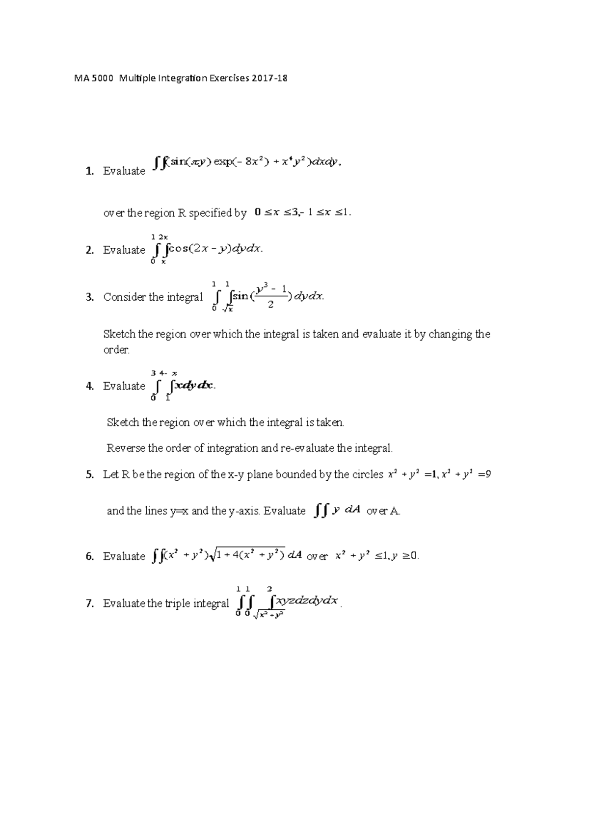 Sheet 3 Integration - Questions on the lectures. - MA 5000 Multiple ...