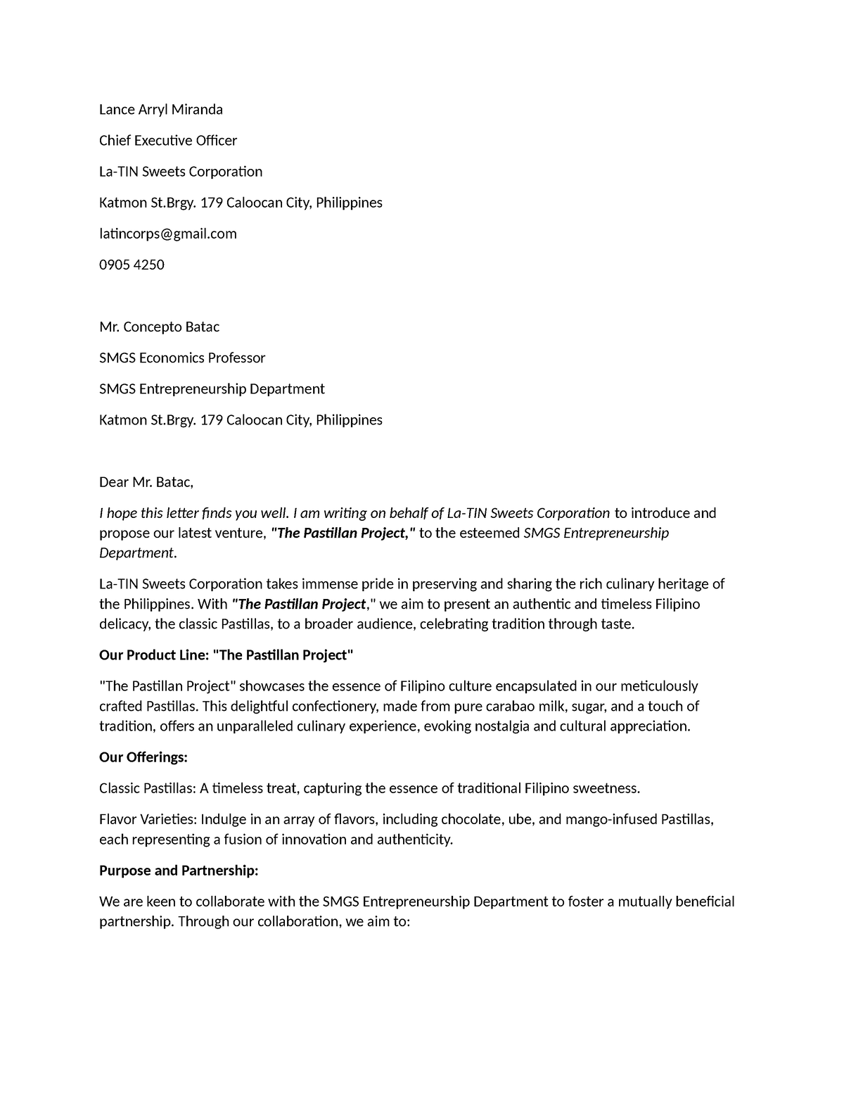 Entrepletter - example letter for business proposal - Lance Arryl ...