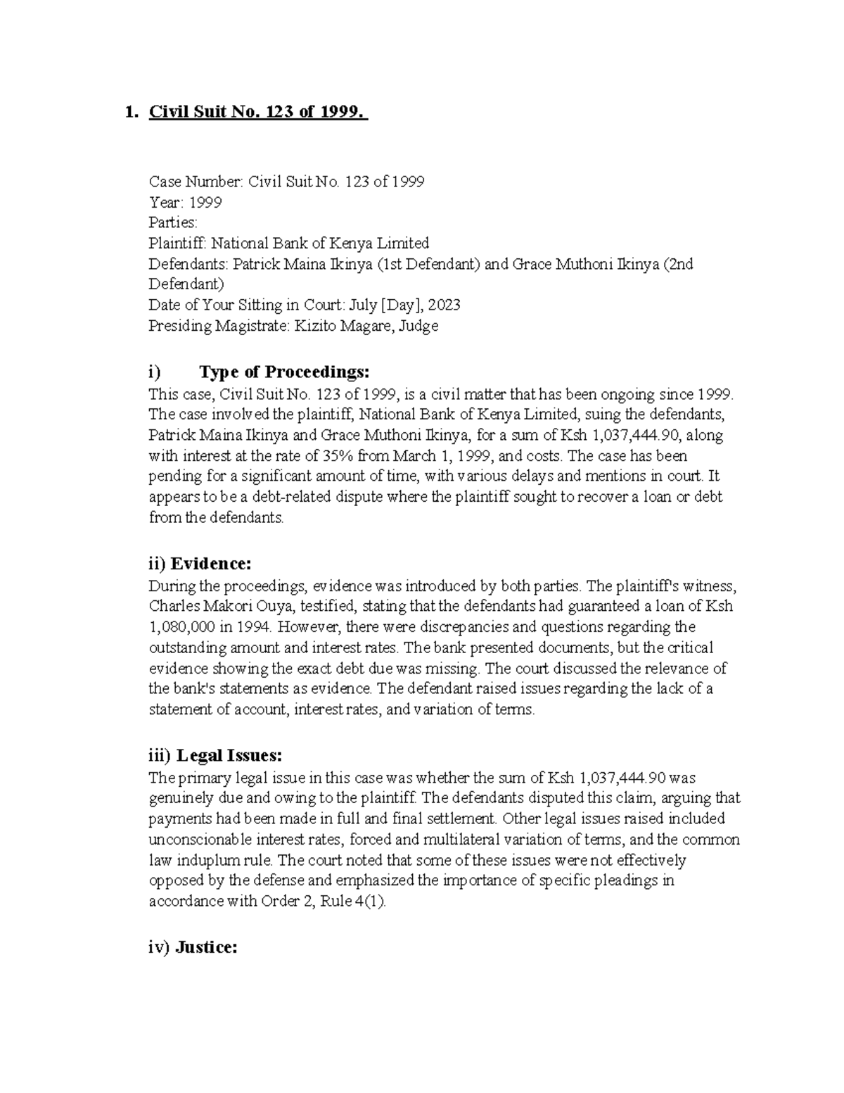 Civil CASE FILE 1. Civil Suit No. 123 of 1999. Case Number Civil