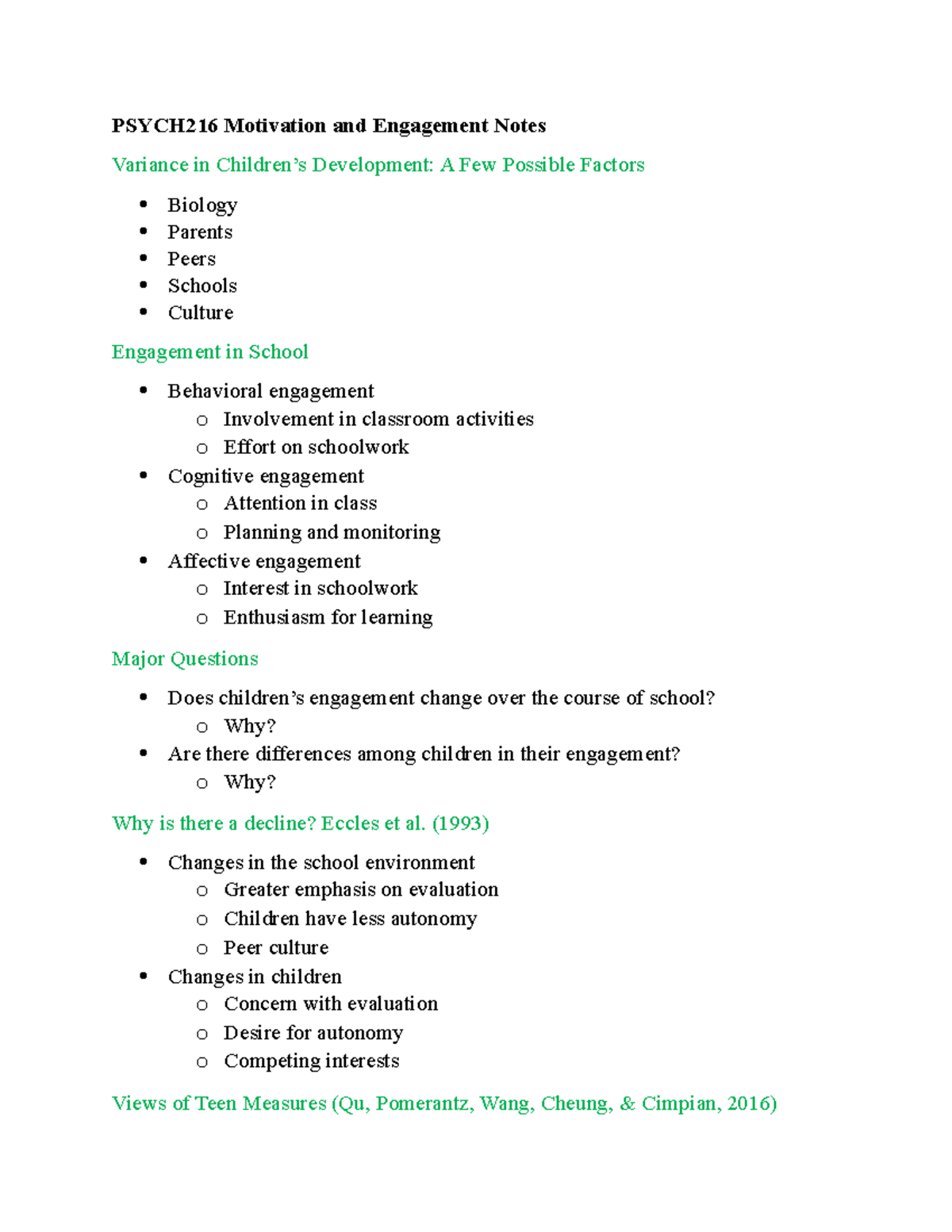 Psych 216 Motivation and Engagement Notes - PSYCH216 Motivation and ...