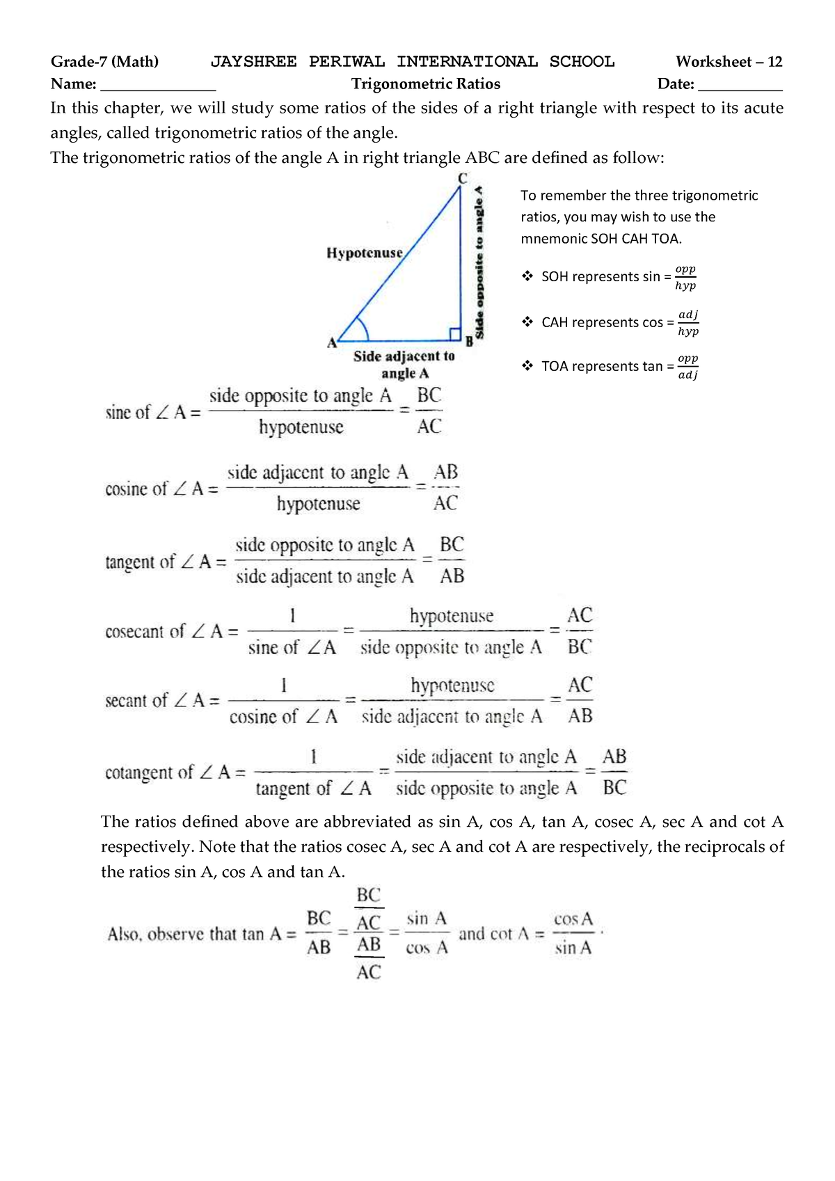 W-s 12 Trigonometric Ratios - Grade-7 (Math) JAYSHREE PERIWAL ...