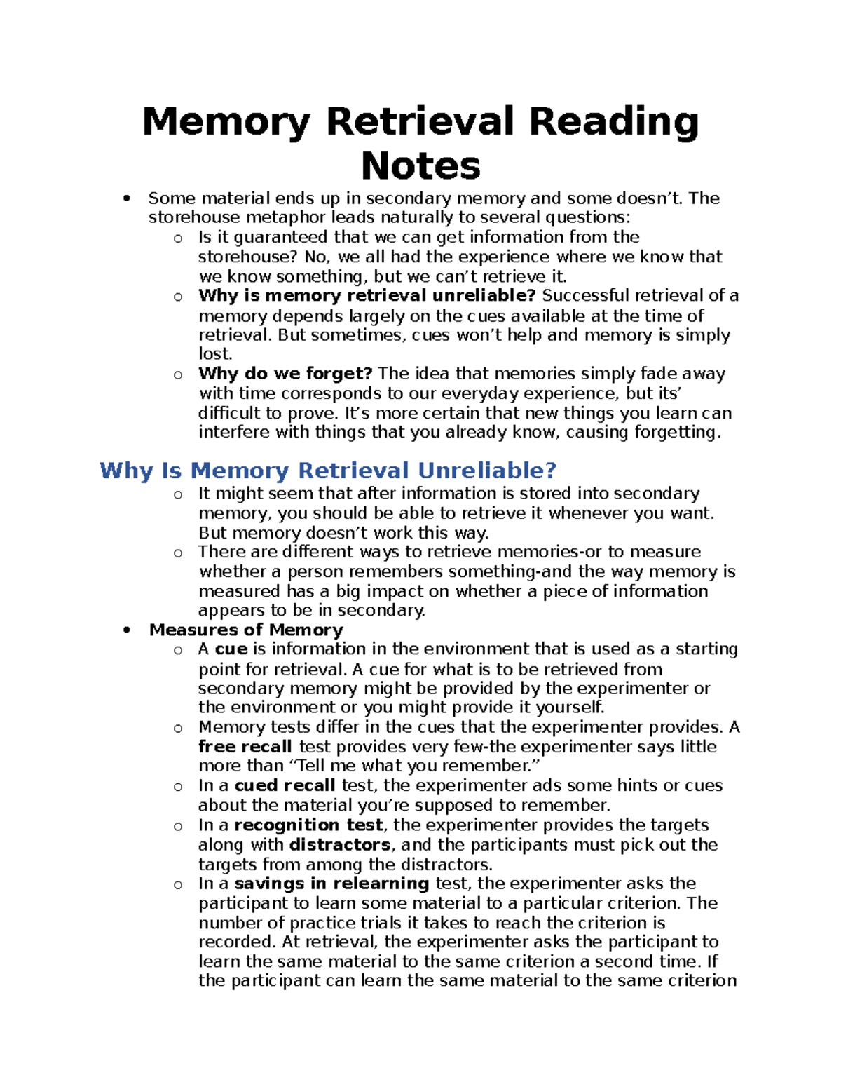 Memory Retrieval Reading Notes Memory Retrieval Reading Notes Some