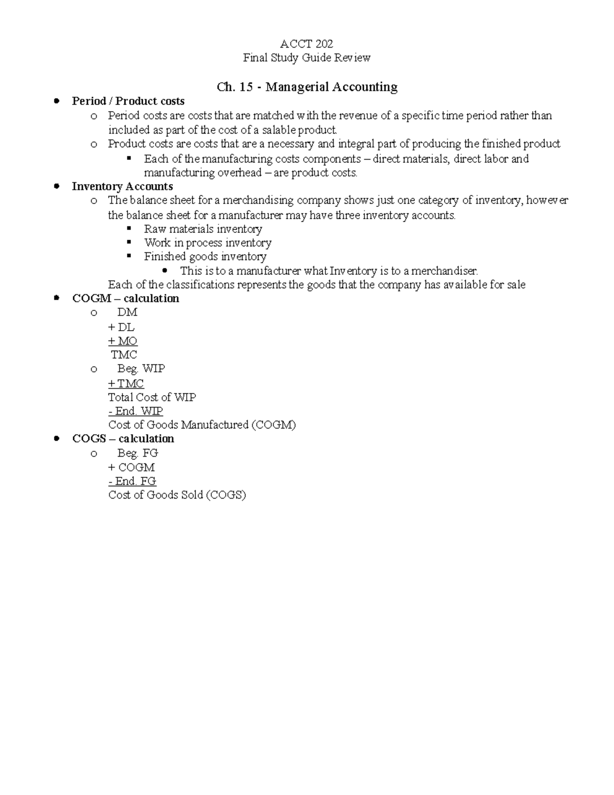 ACCT 202 Final Study Guide Review - 15 - Managerial Accounting Period ...