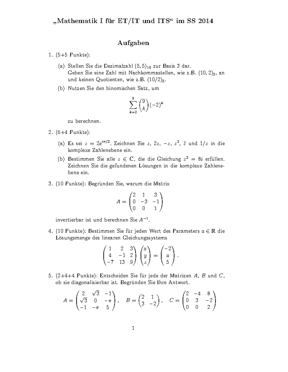 Sommer 14 - Mathe 1 Übungsklausuraufgaben Zur Vorbereitung Auf Die ...