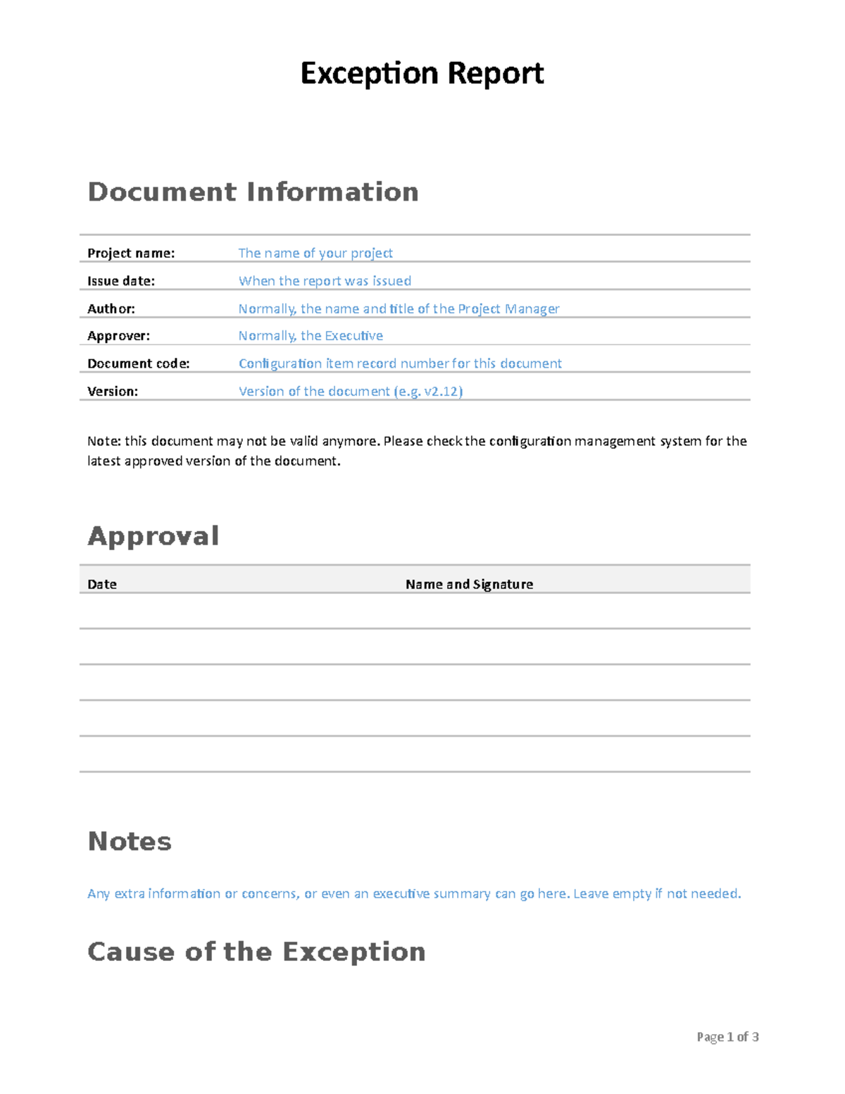 A10 exception report v101 Exception Report Document Information