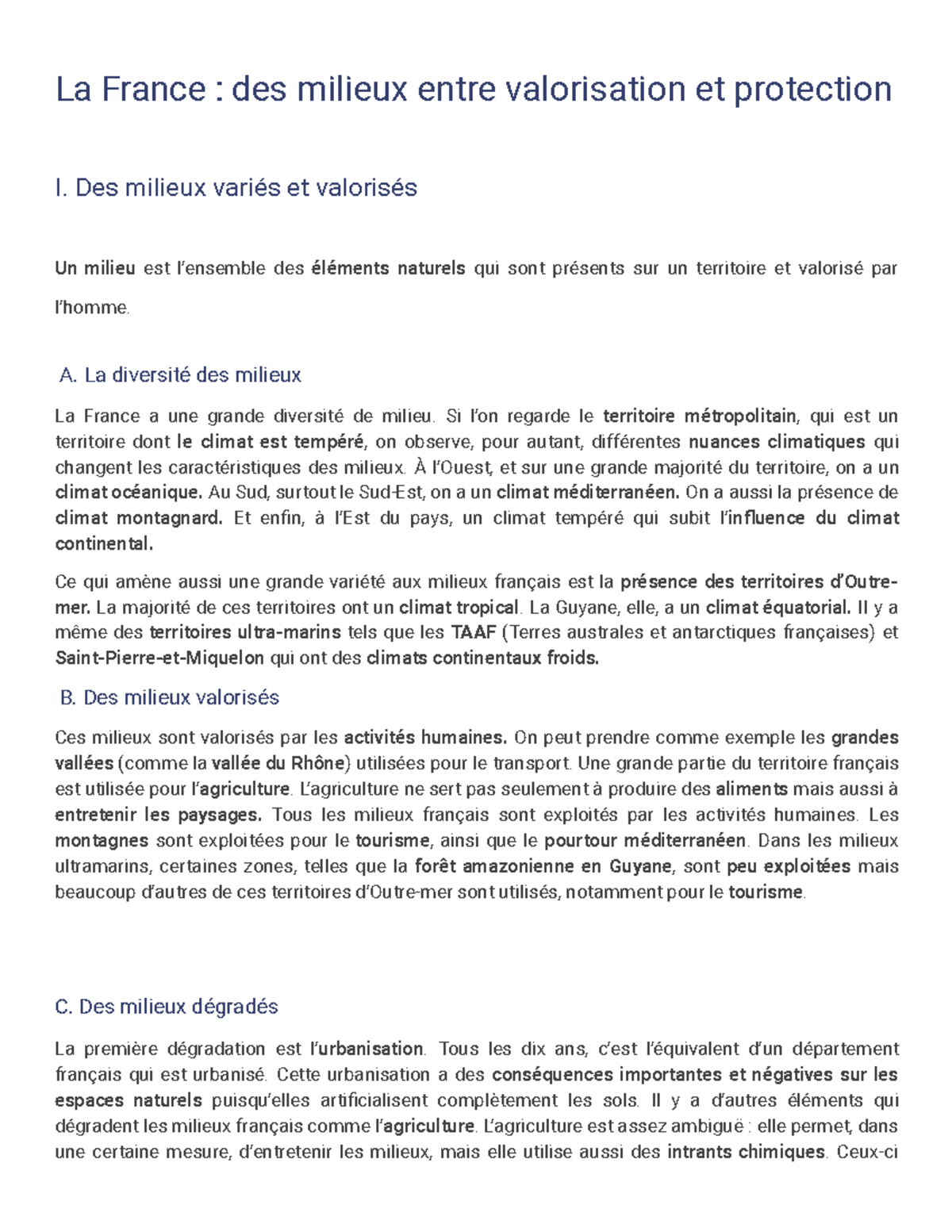 La France des milieux valorisation et protection - La France : des