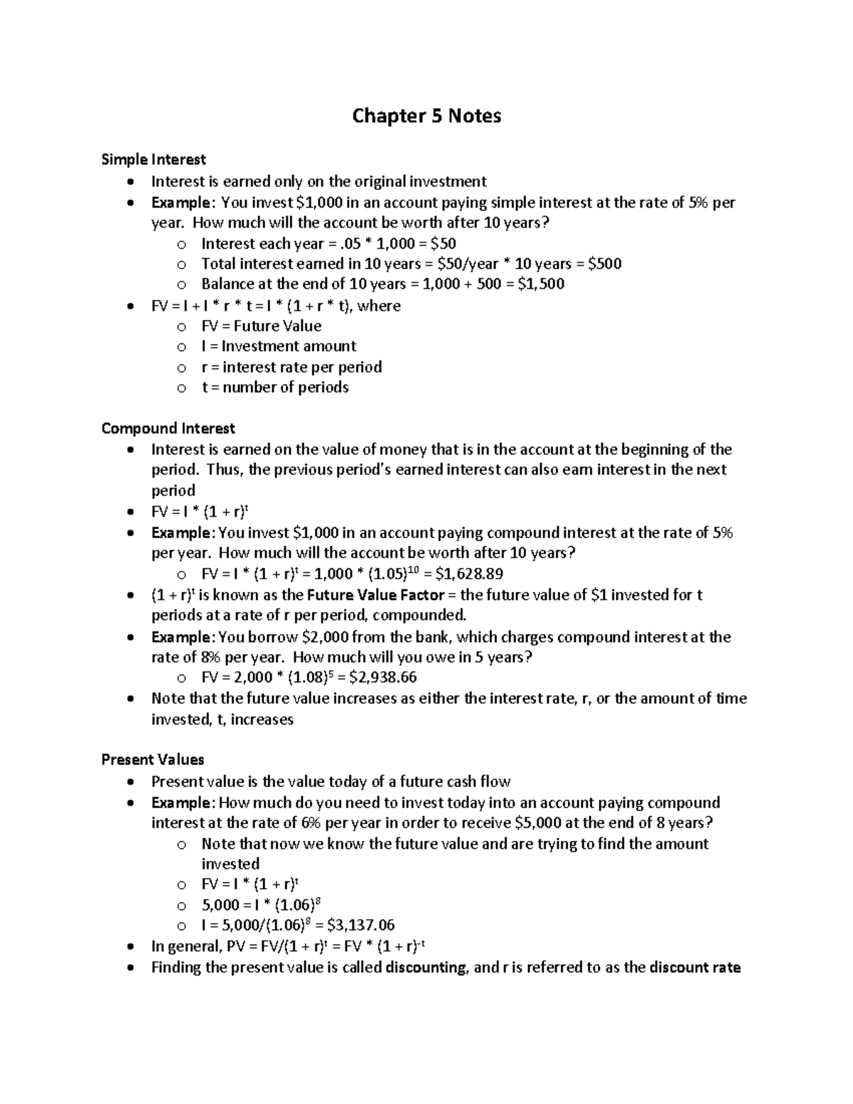 Chapter 5 Notes - Chapter 5 Notes Simple Interest - Interest is earned ...