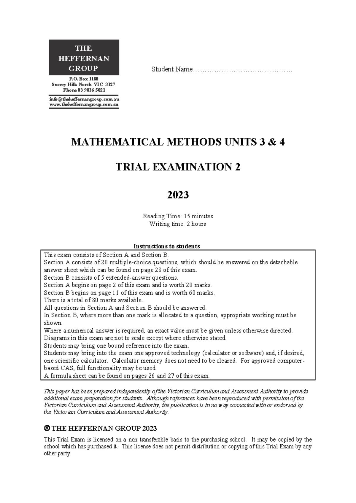 2023 Maths Methods Units 3 & 4 Exam 2 Student Name