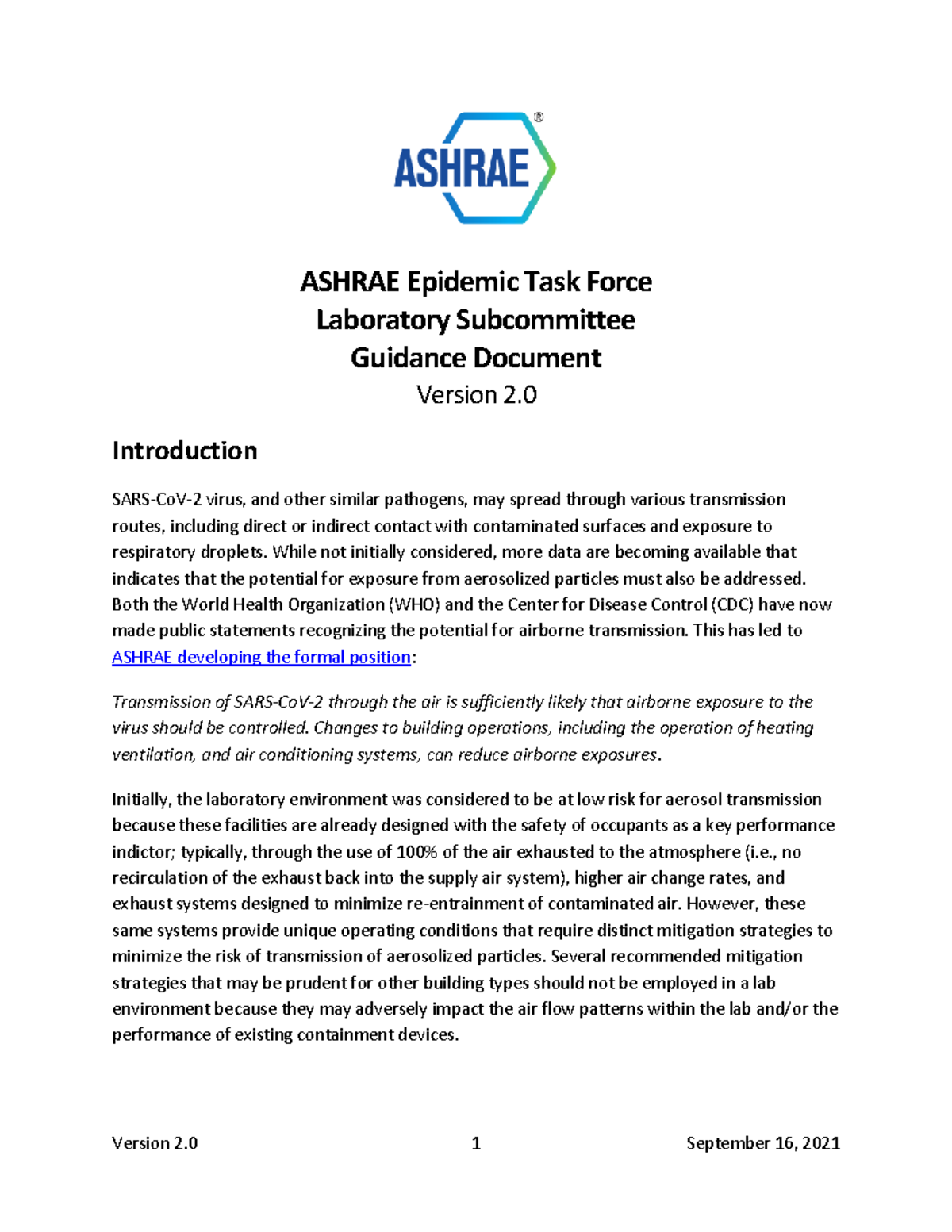 Ashrae etf lab guidance - ASHRAE Epidemic Task Force Laboratory ...