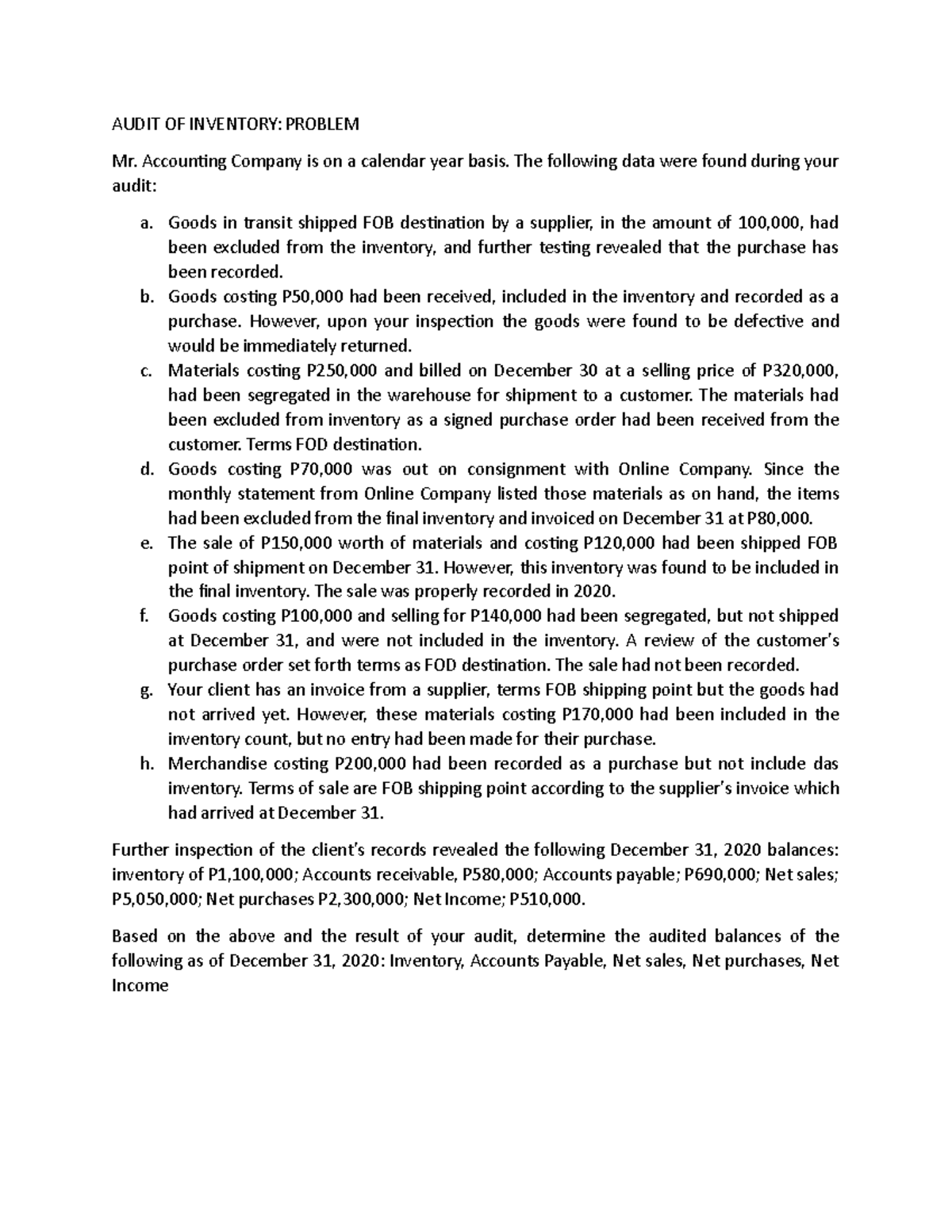 Audit OF Inventory Problem print - AUDIT OF INVENTORY: PROBLEM Mr ...