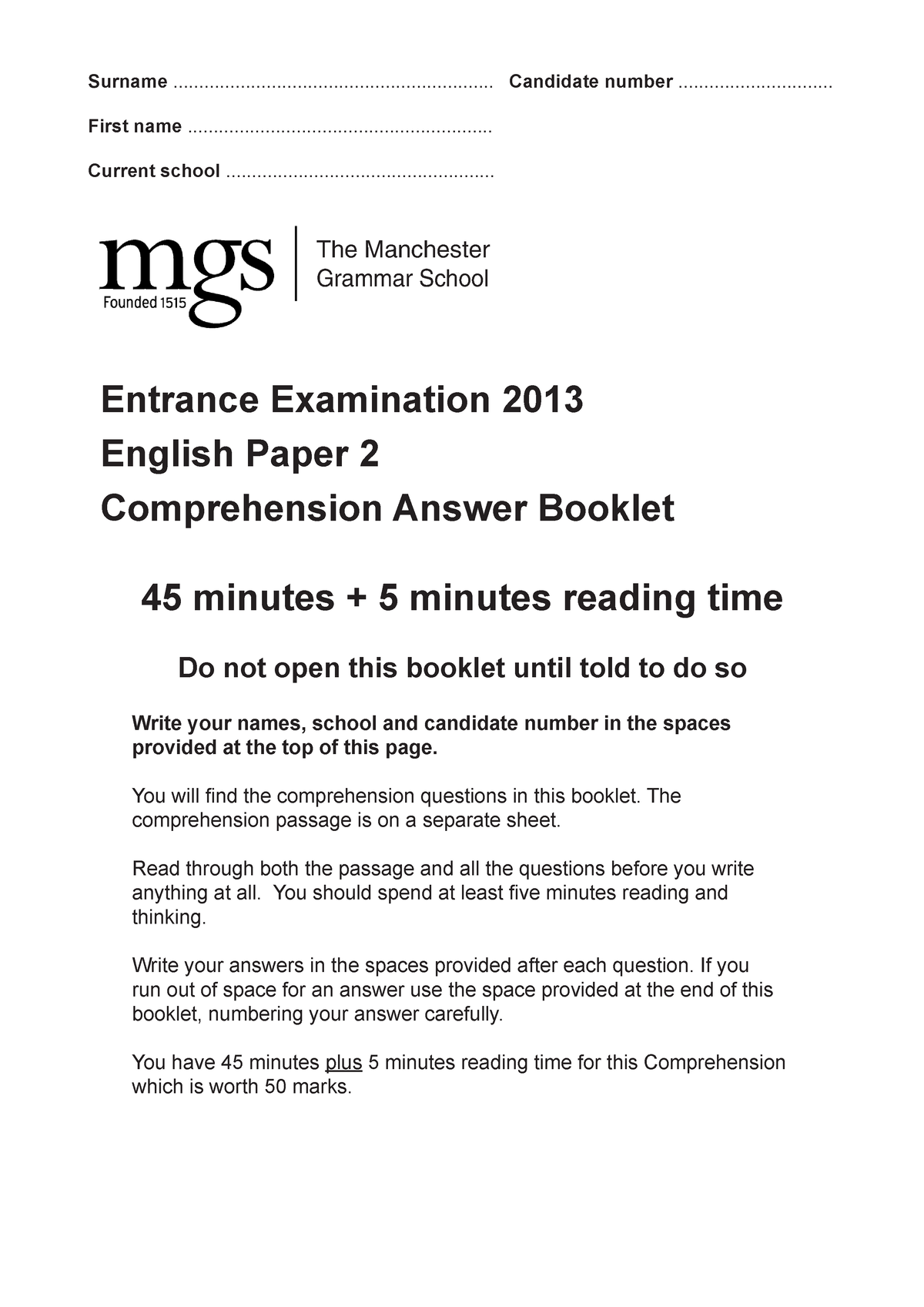 English Paper 2 Answer Booklet - Entrance Examination 2013 English ...