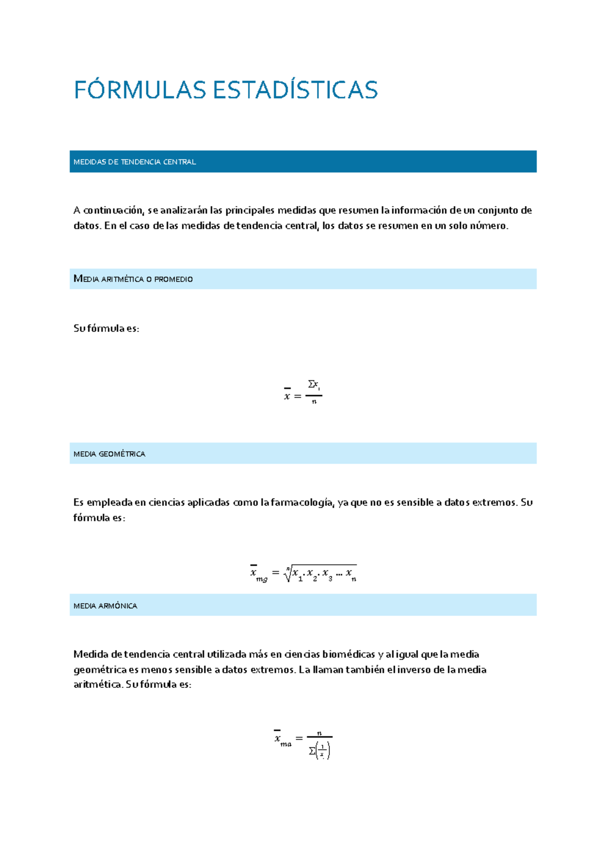 Fórmulas estadísticas - FÓRMULAS ESTADÍSTICAS MEDIDAS DE TENDENCIA ...