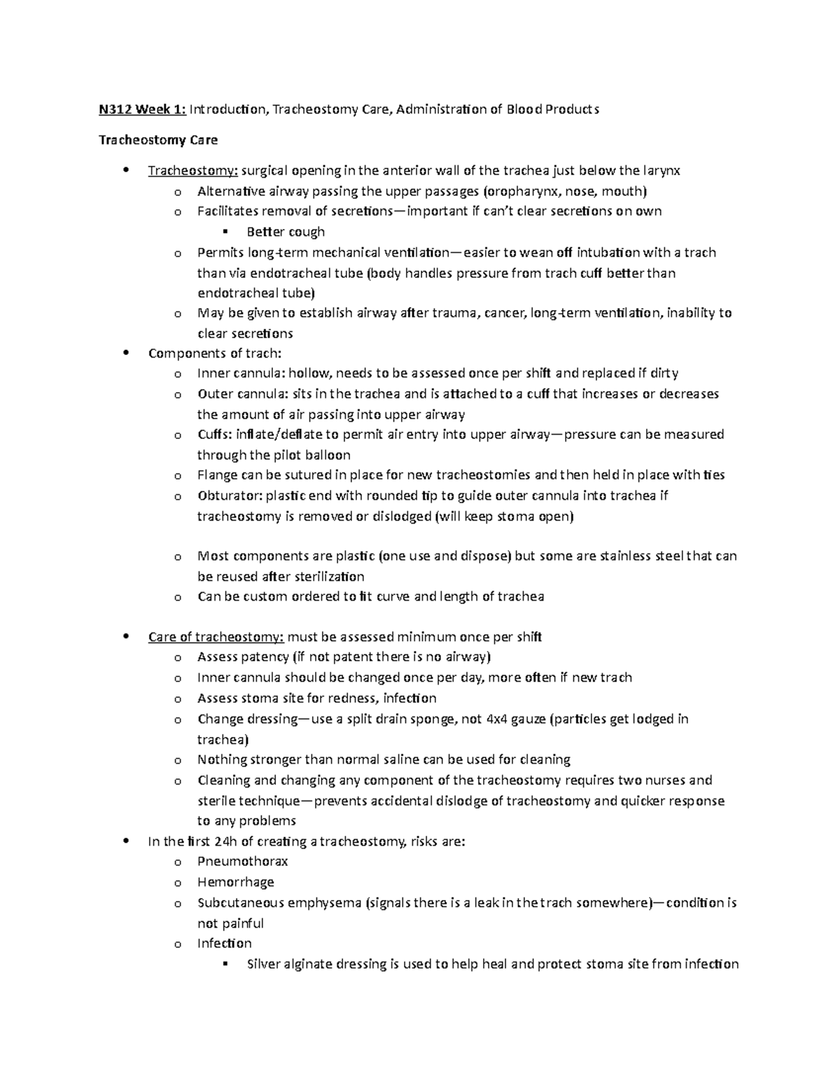 Trach care, Blood Admin N312 Week 1 Introduction, Tracheostomy Care