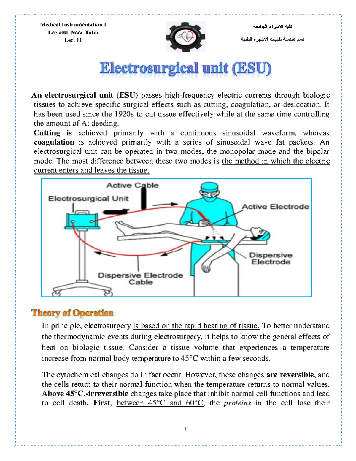 An electrosurgical unit كلية الاسراء الجامعة قسم هندسة تقنيات الاجهزة