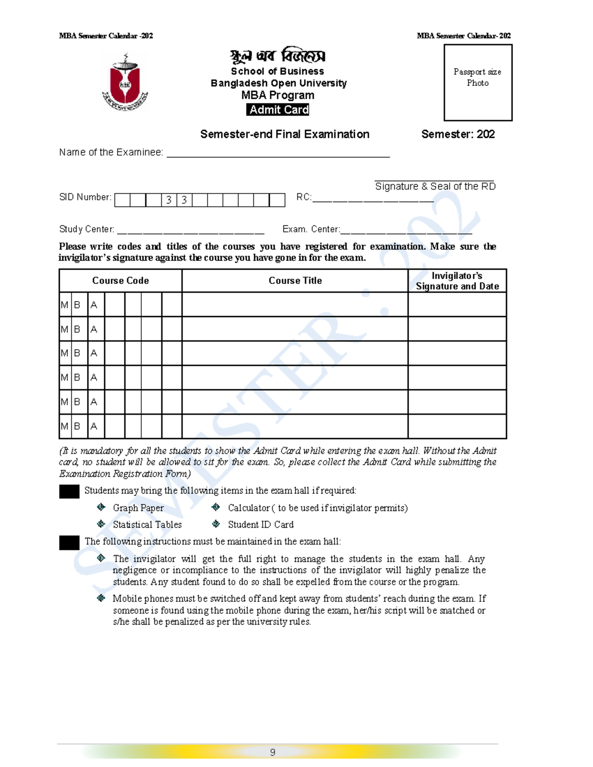 Mba202 sem cal 080623 Bba 9 MBA Semester Calendar 202 MBA Semester