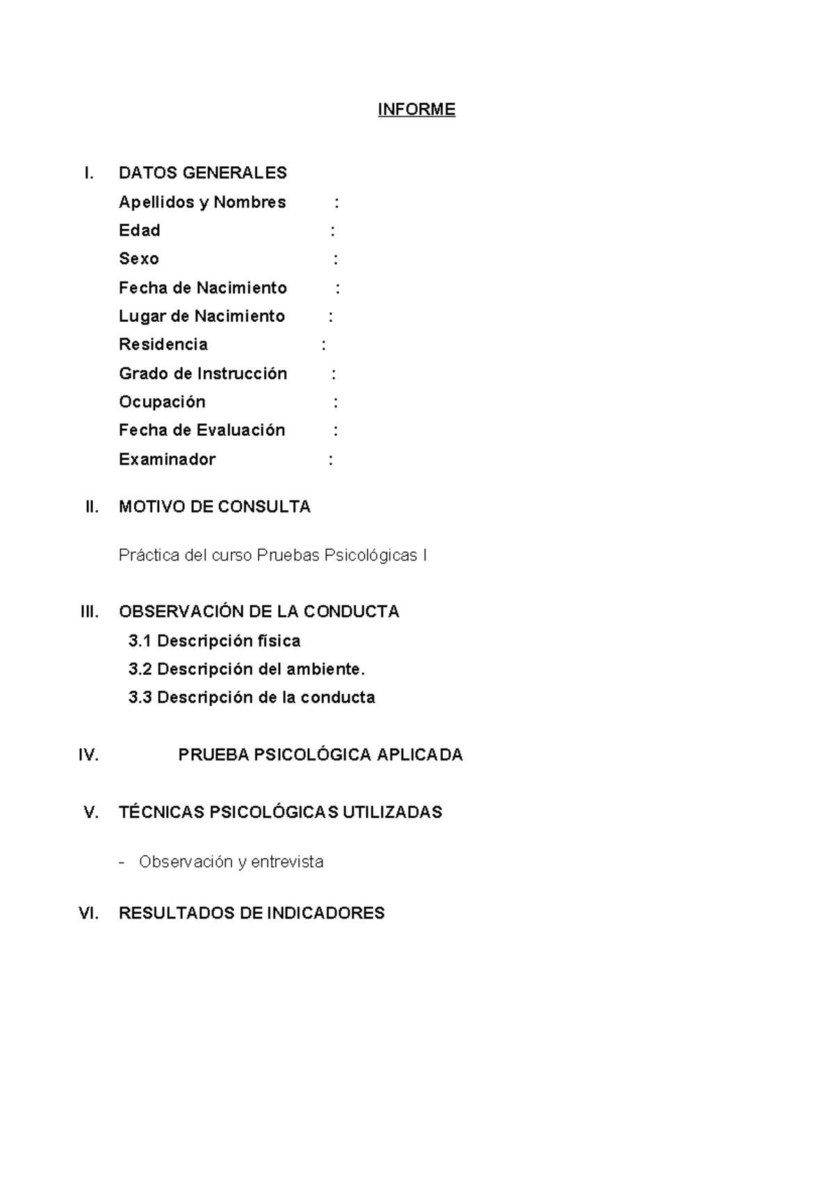 Informe para presentar Test actualizado - INFORME I. DATOS GENERALES ...