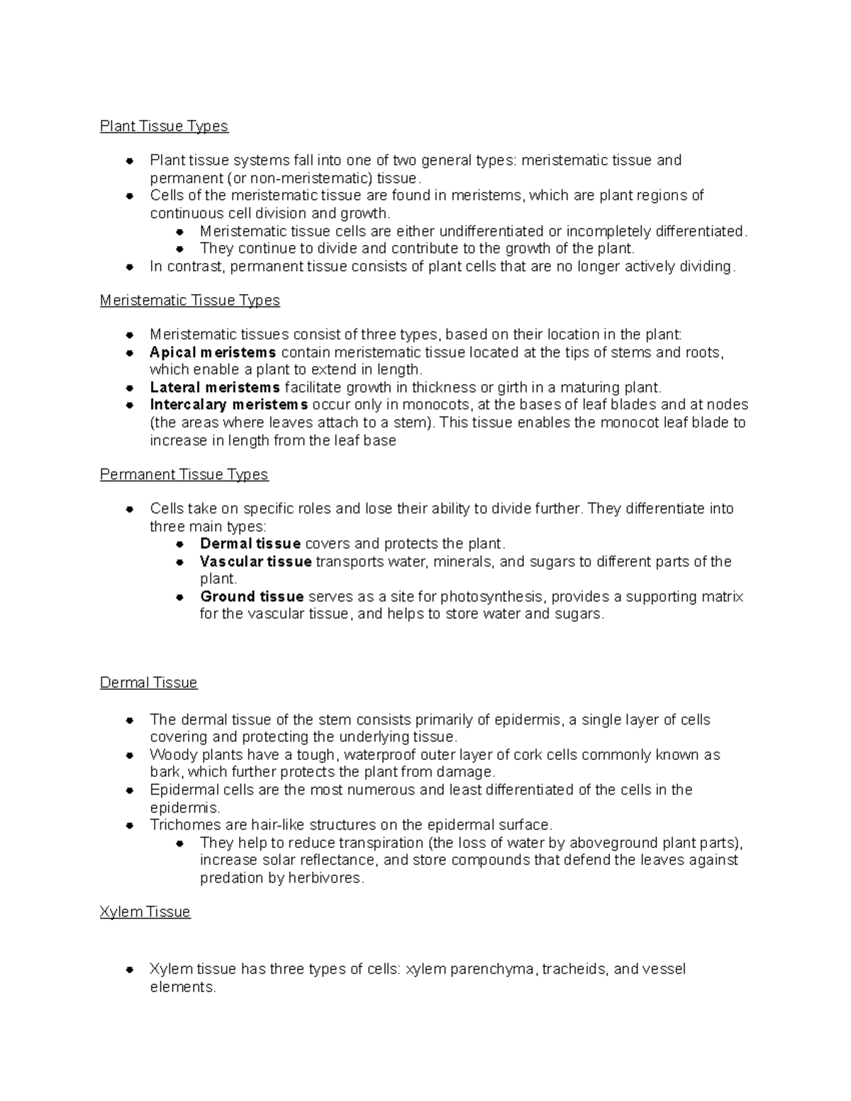 Biology II Notes #7 Plant Structure and Function - Plant Tissue Types