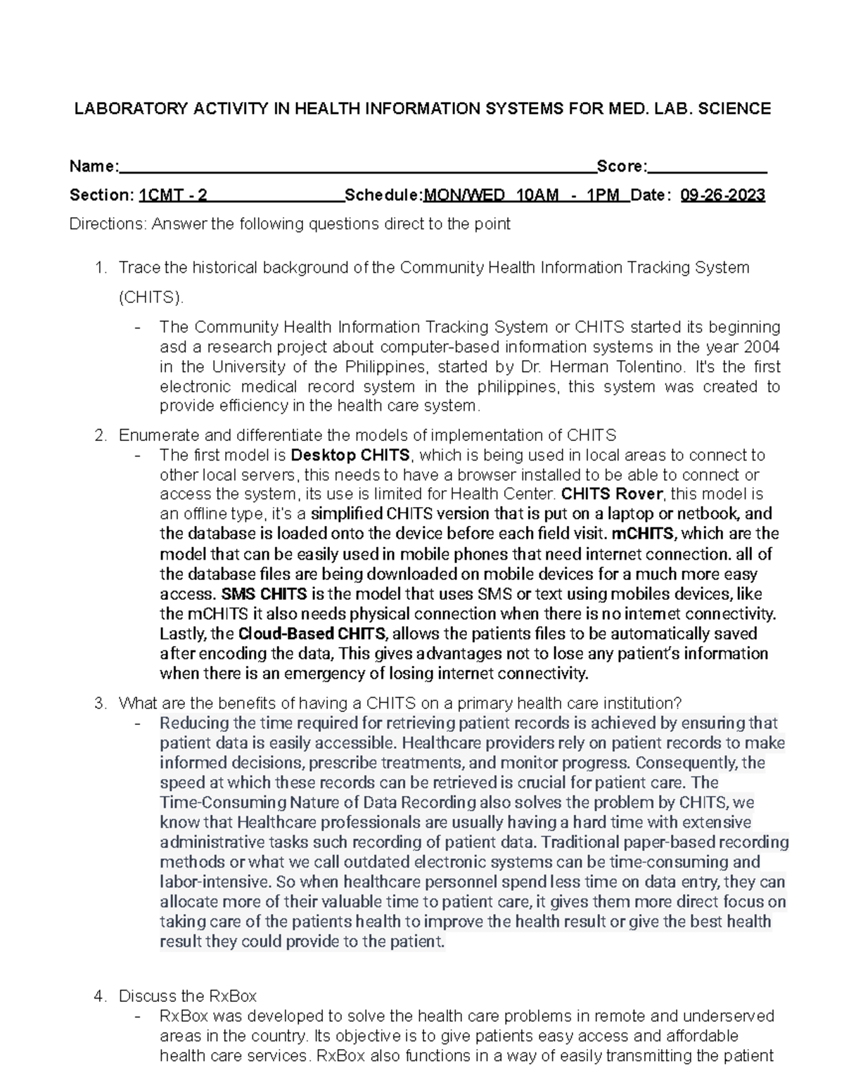 Lesson 4 Chits HIS LAB - LABORATORY ACTIVITY IN HEALTH INFORMATION ...