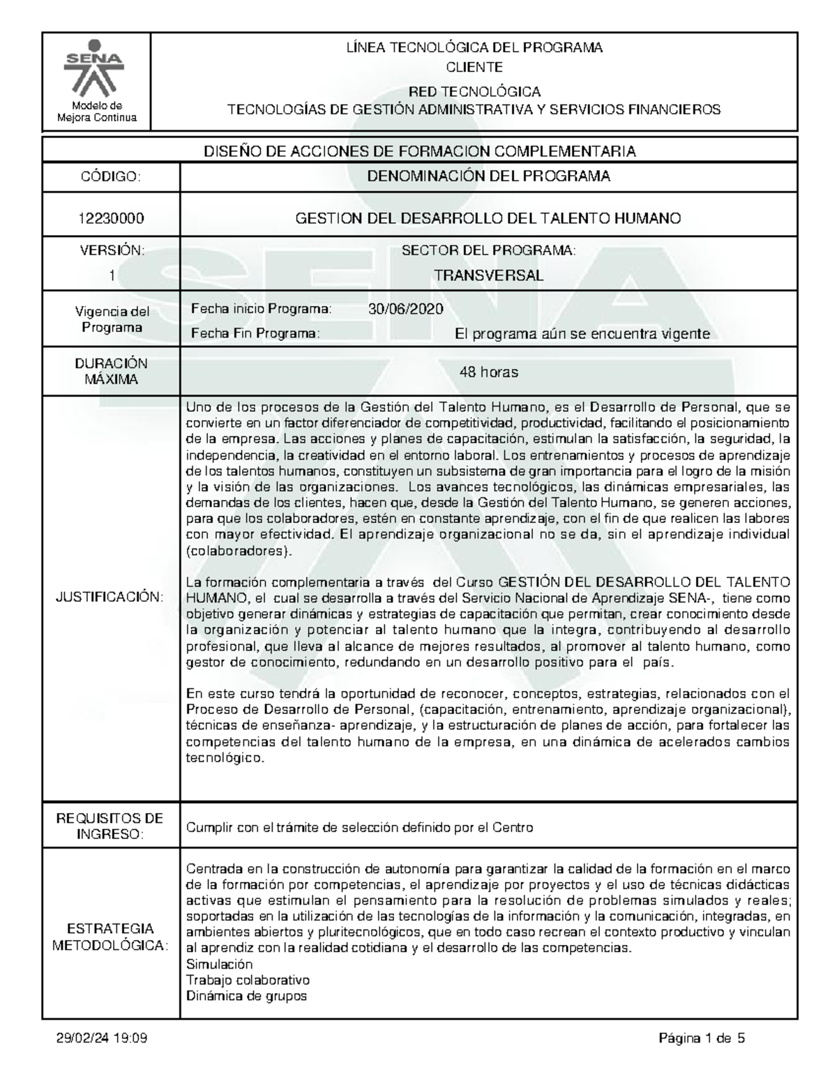 Programa Gestion DEL Desarrollo DEL Talento Humano - CLIENTE Modelo de ...