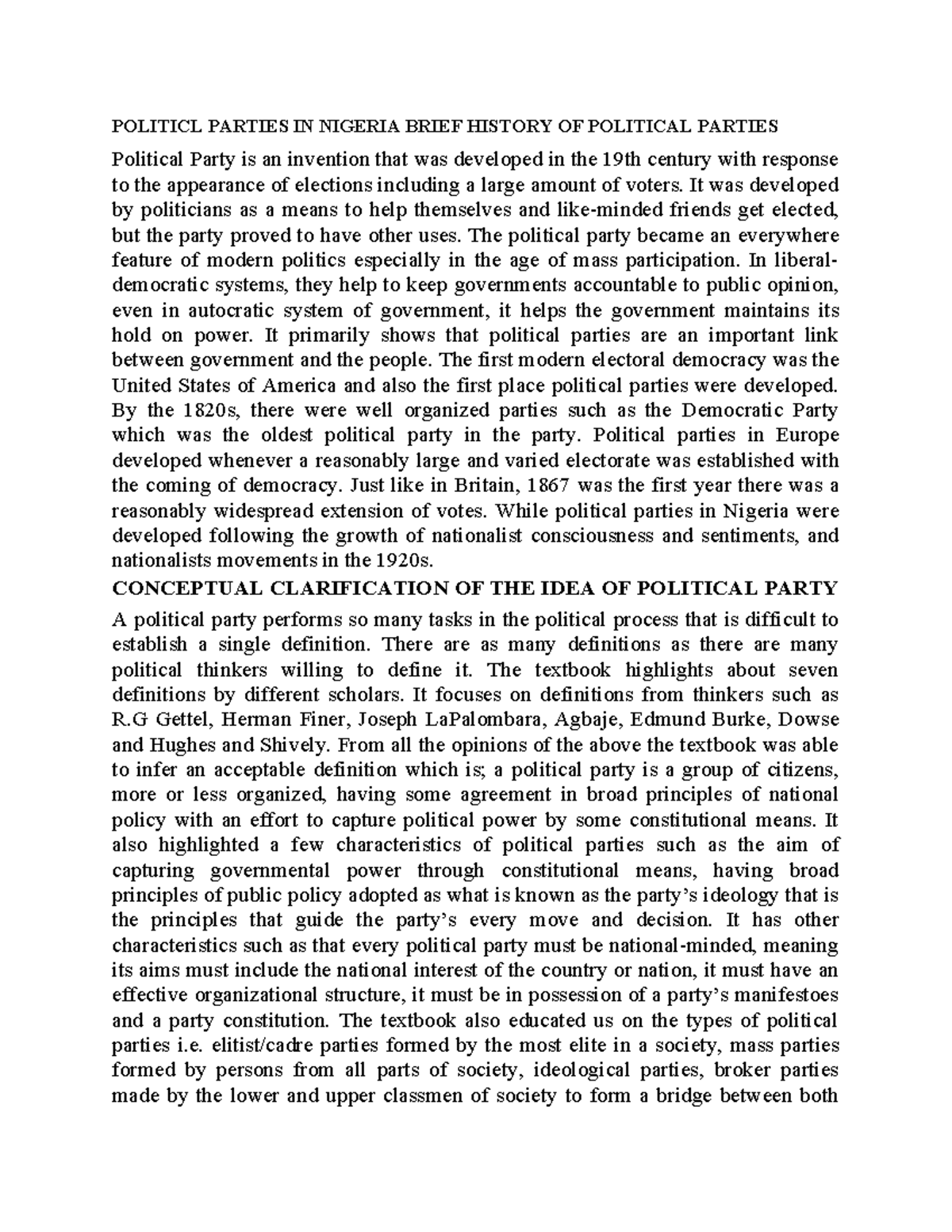 Note on Political Parties - POLITICL PARTIES IN NIGERIA BRIEF HISTORY ...