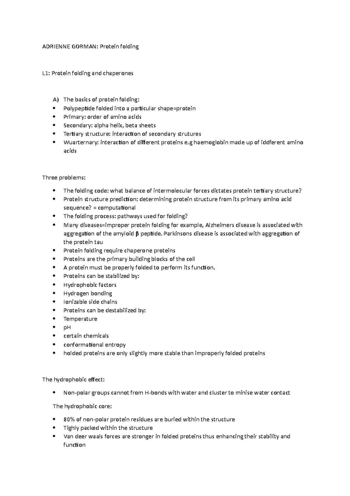 Protein folding - Summary Biomolecules - ADRIENNE GORMAN: Protein ...