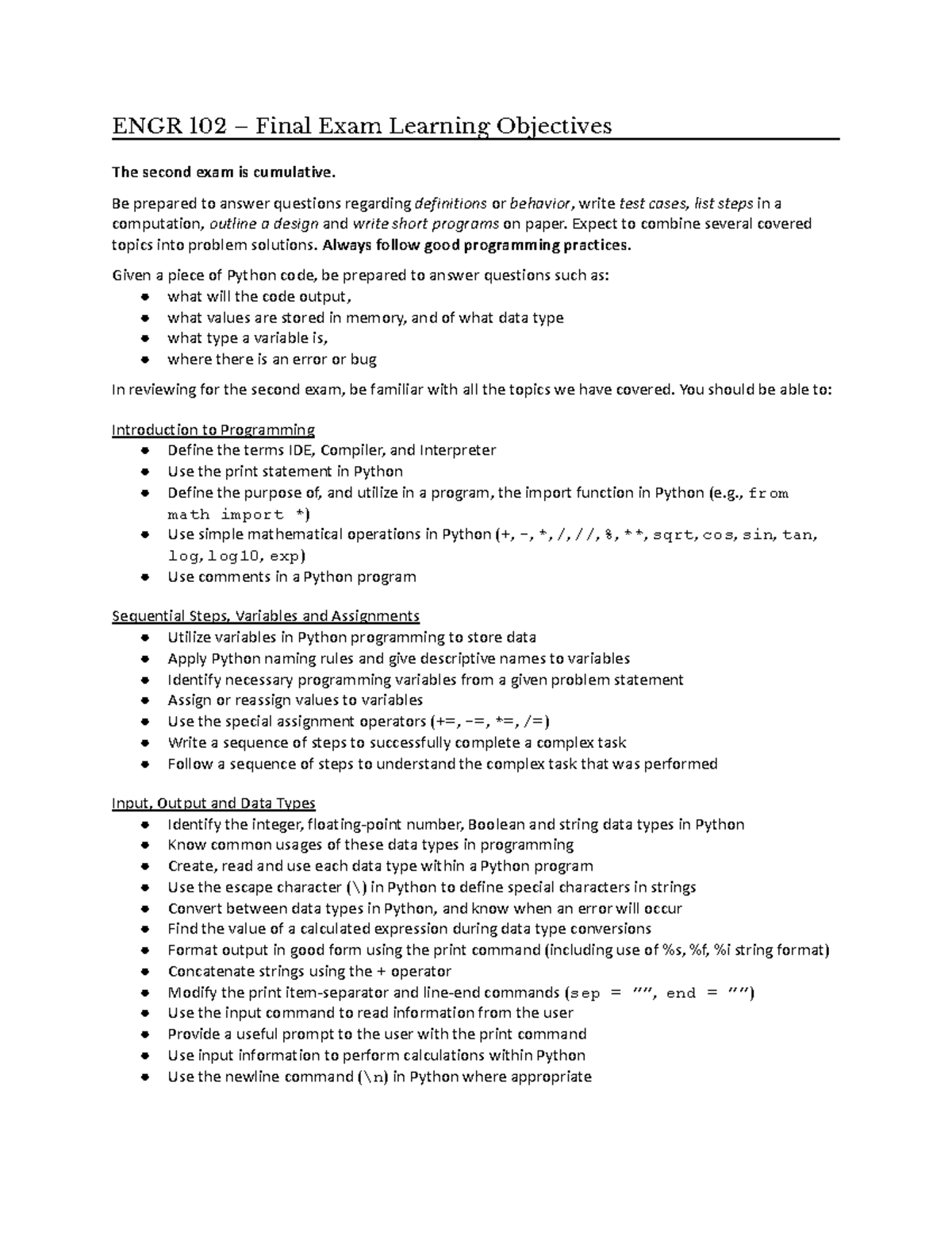 Final Exam Learning Objectives Fall 20 ENGR 102 Final Exam Learning