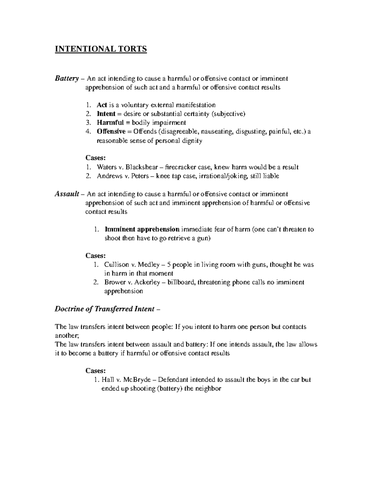 Tort Lecture Notes - INTENTIONAL TORTS Battery – An act intending to ...
