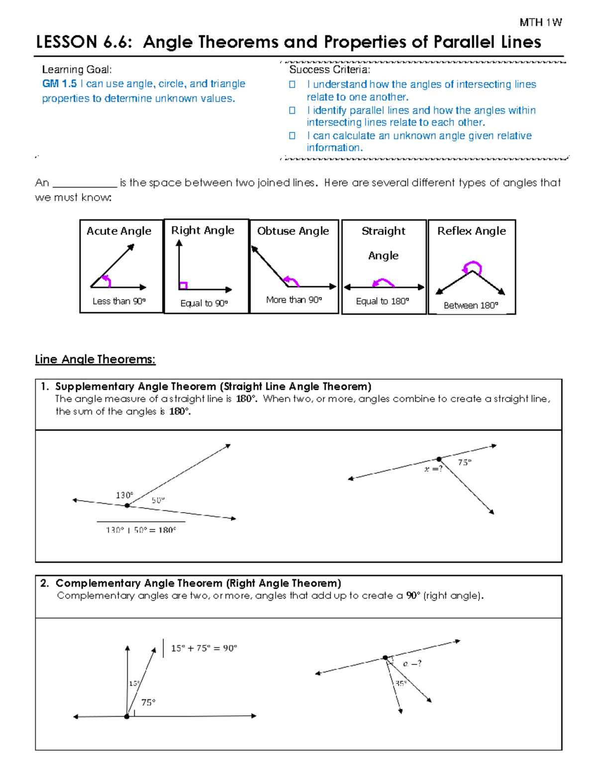 Angle Theorems and Properties of Parallel Lines - Here are several ...