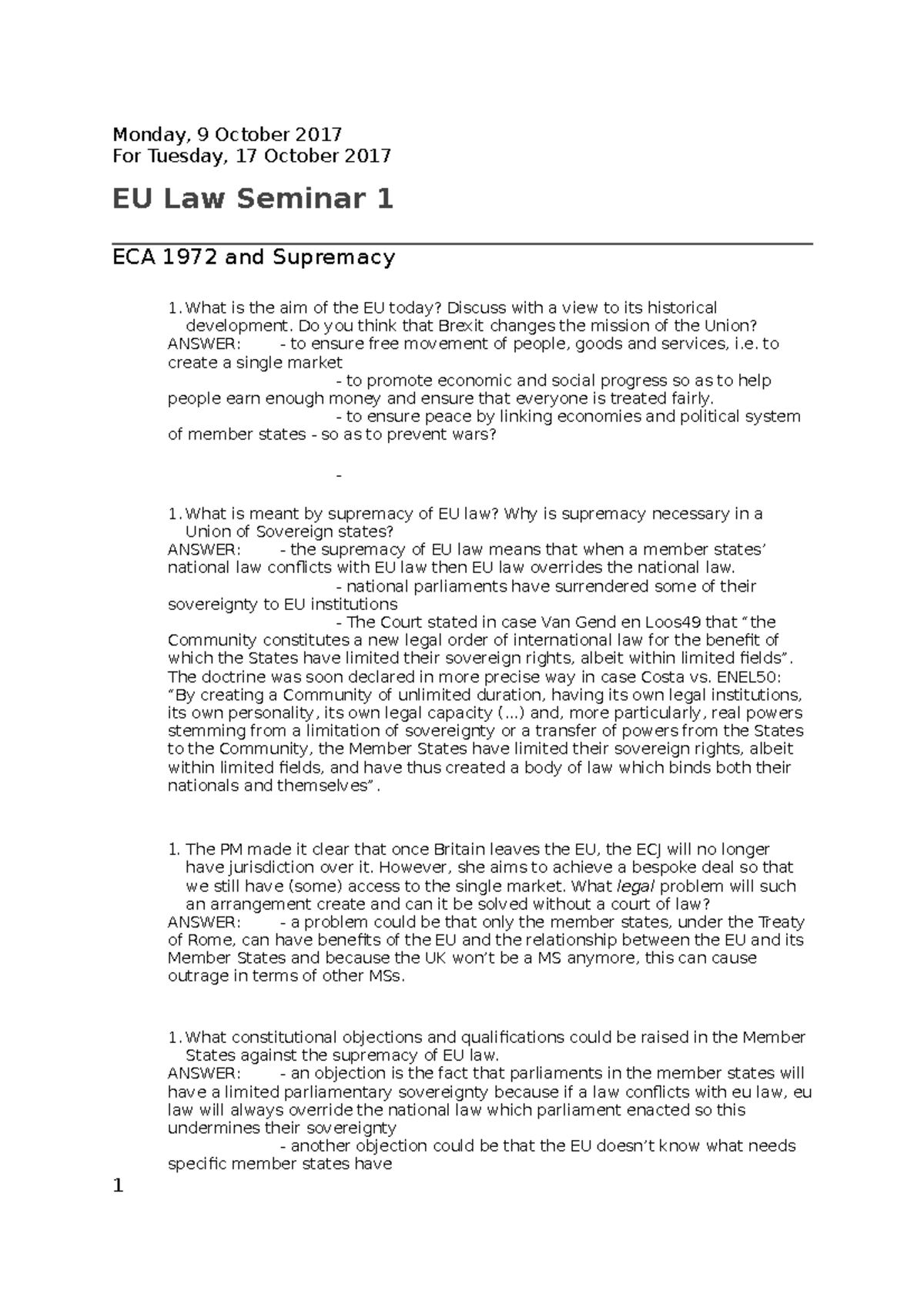 EU Law Seminar 1 - Monday, 9 October 2017 For Tuesday, 17 October 2017 ...