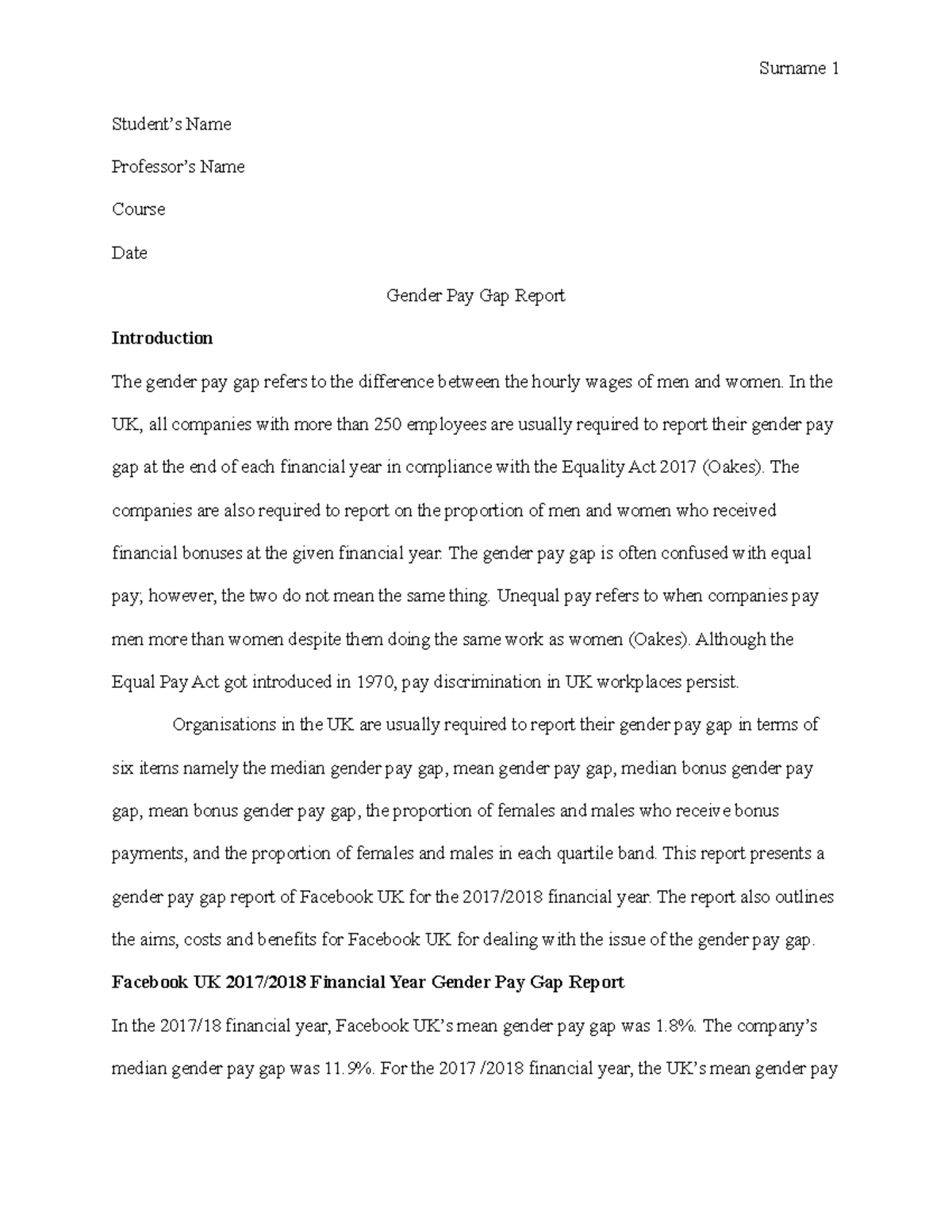 Gender Pay Gap Report - Student’s Name Professor’s Name Course Date ...