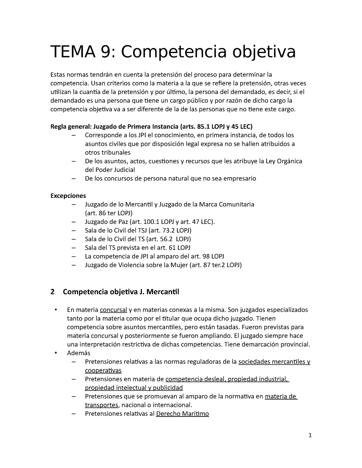 Temas 8 Y 9 Procesal - Apuntes 8 Y 9 - TEMA 9: Competencia Objetiva ...